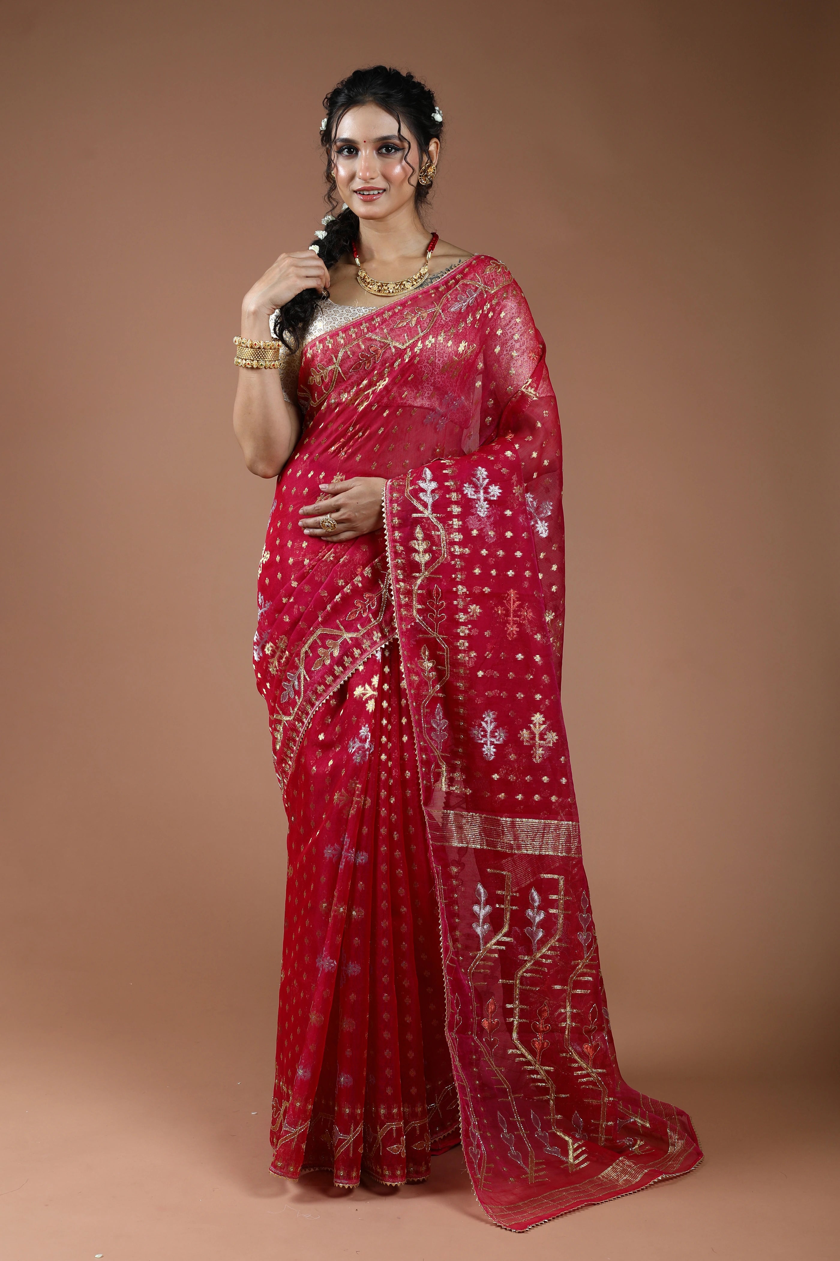 Rani Semi Karchupi Jamdani Saree With Blouse Piece