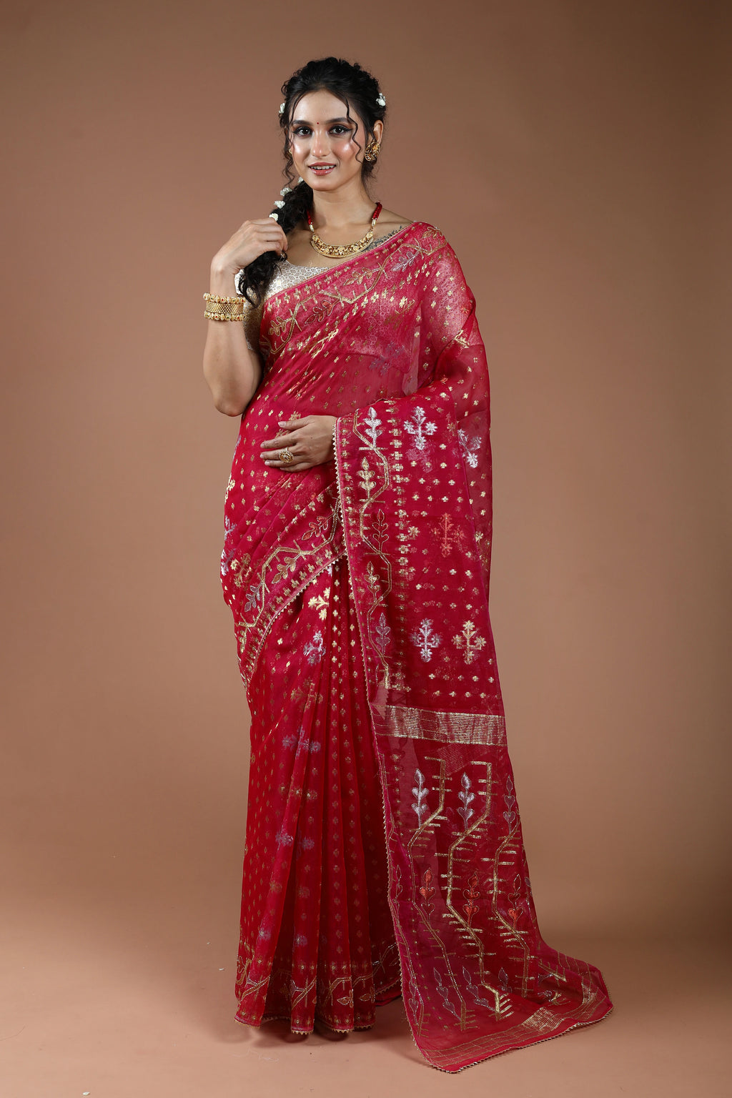 Rani Karchupi Jamdani Saree With Blouse Piece