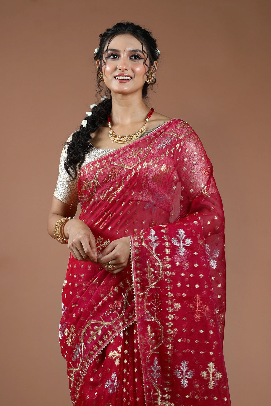 Rani Karchupi Jamdani Saree With Blouse Piece