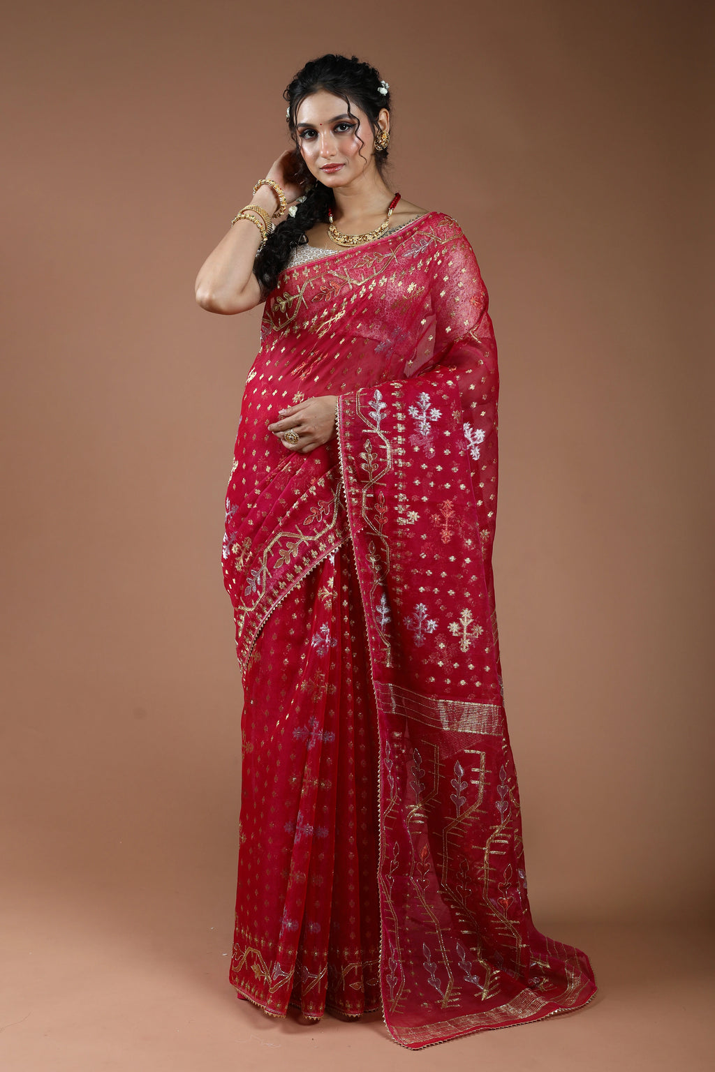 Rani Karchupi Jamdani Saree With Blouse Piece