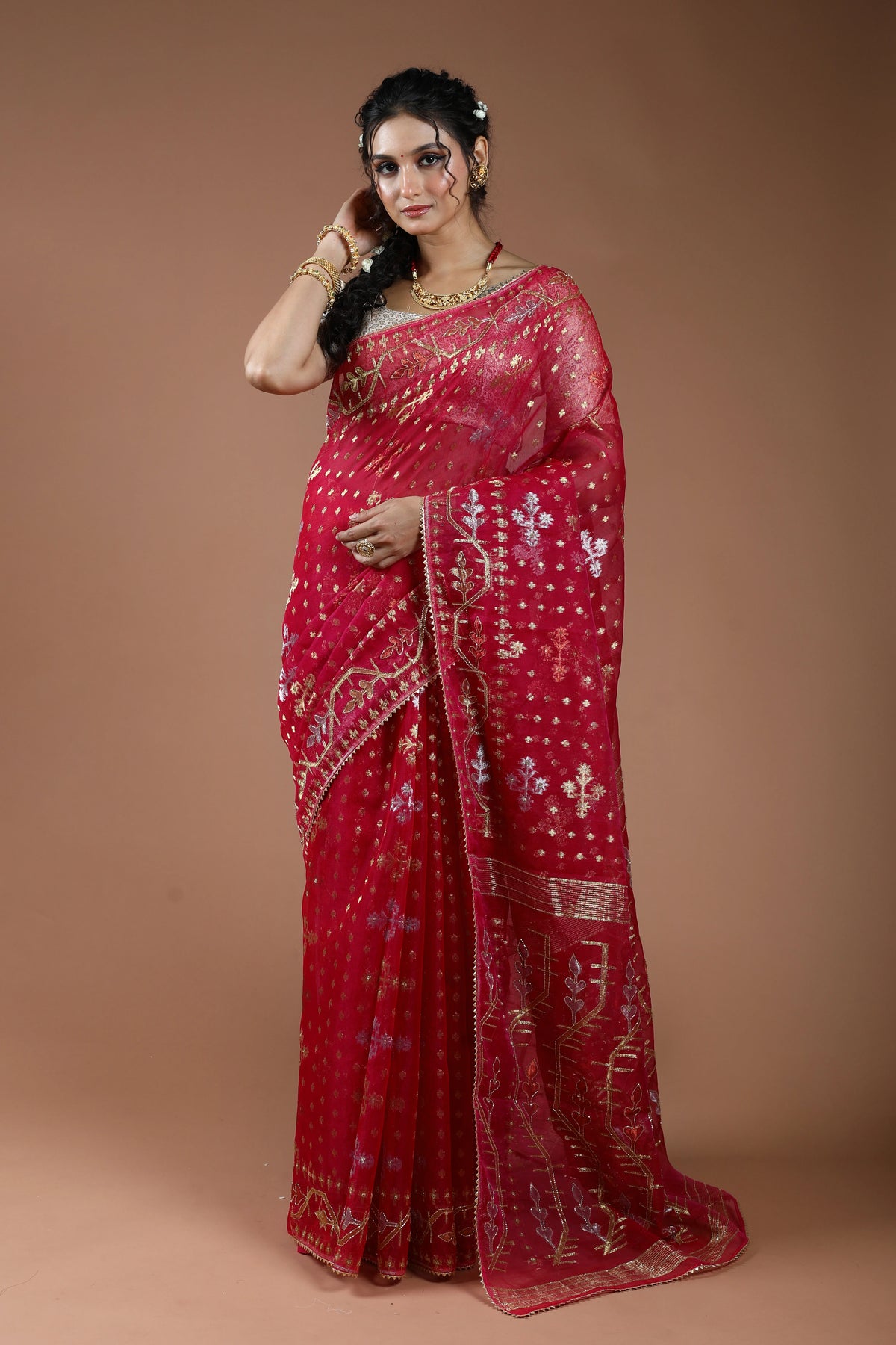 Rani Karchupi Jamdani Saree With Blouse Piece