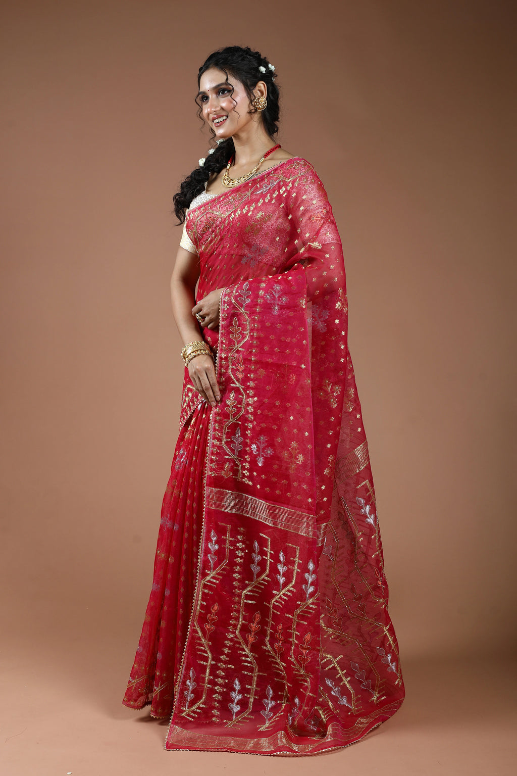 Rani Karchupi Jamdani Saree With Blouse Piece