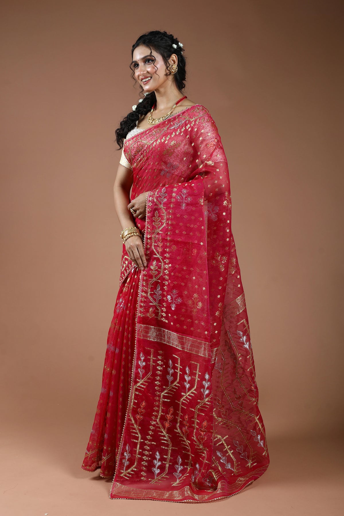 Rani Karchupi Jamdani Saree With Blouse Piece
