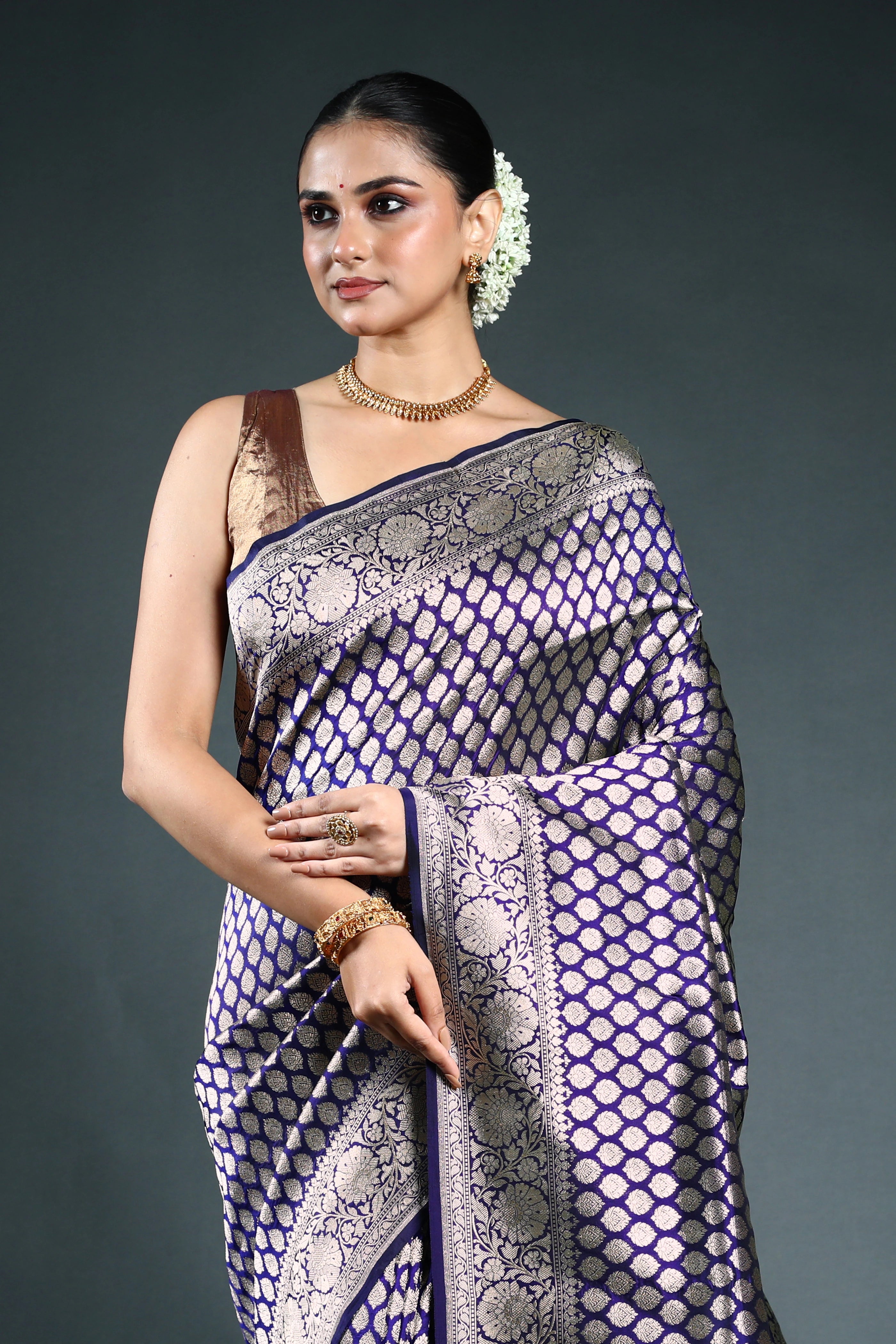 Navy Blue Pure Katan Banarasi Saree with Blouse Piece