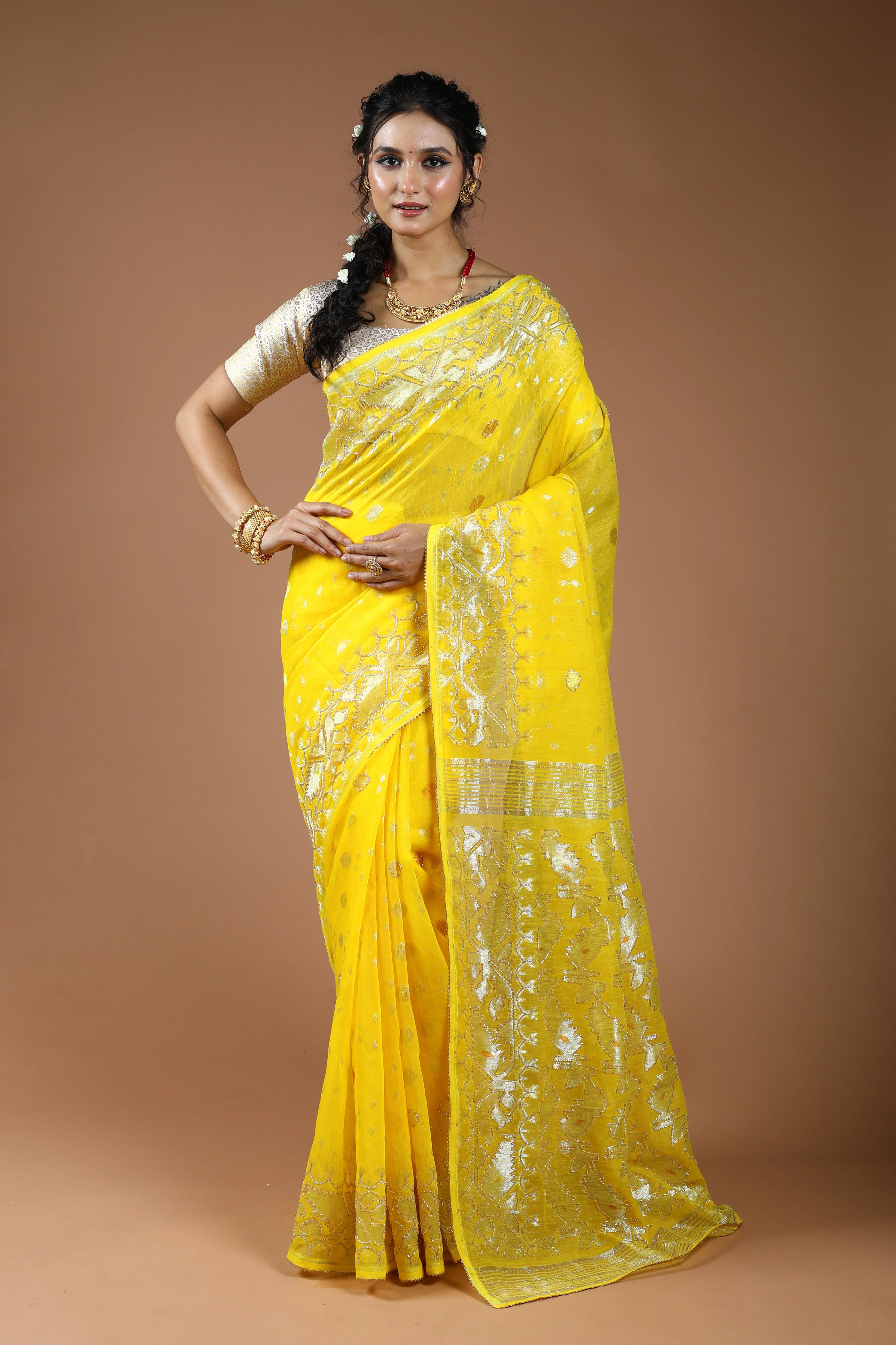 Yellow Karchupi Jamdani Saree With Blouse Piece