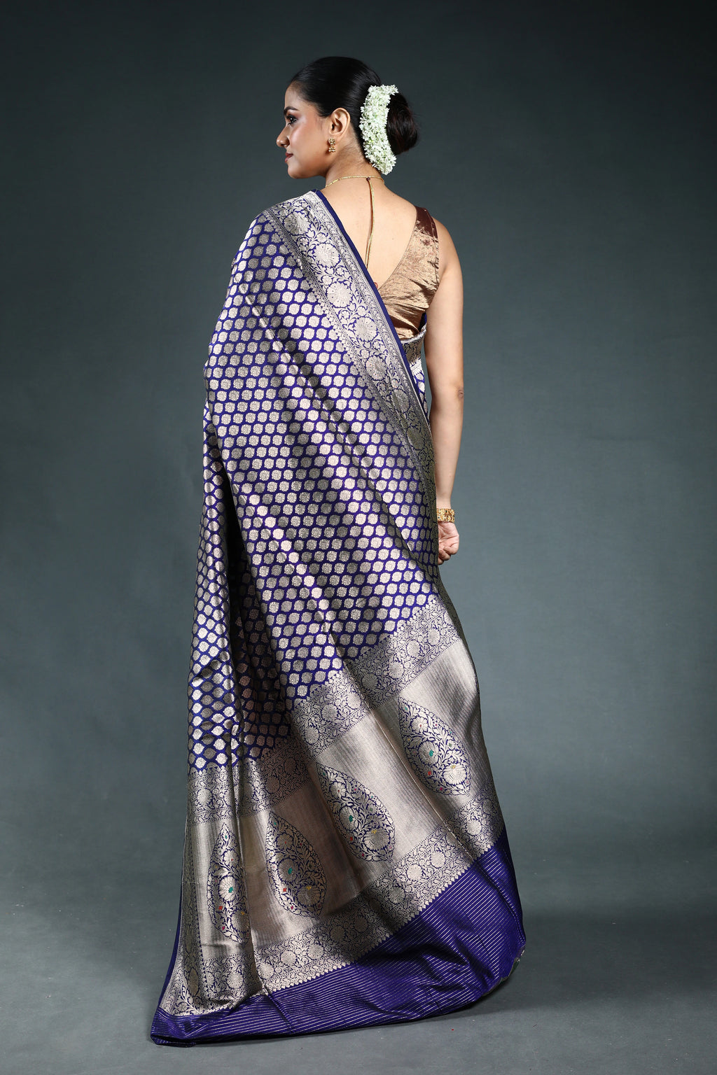 Navy Blue Pure Katan Banarasi Saree with Blouse Piece