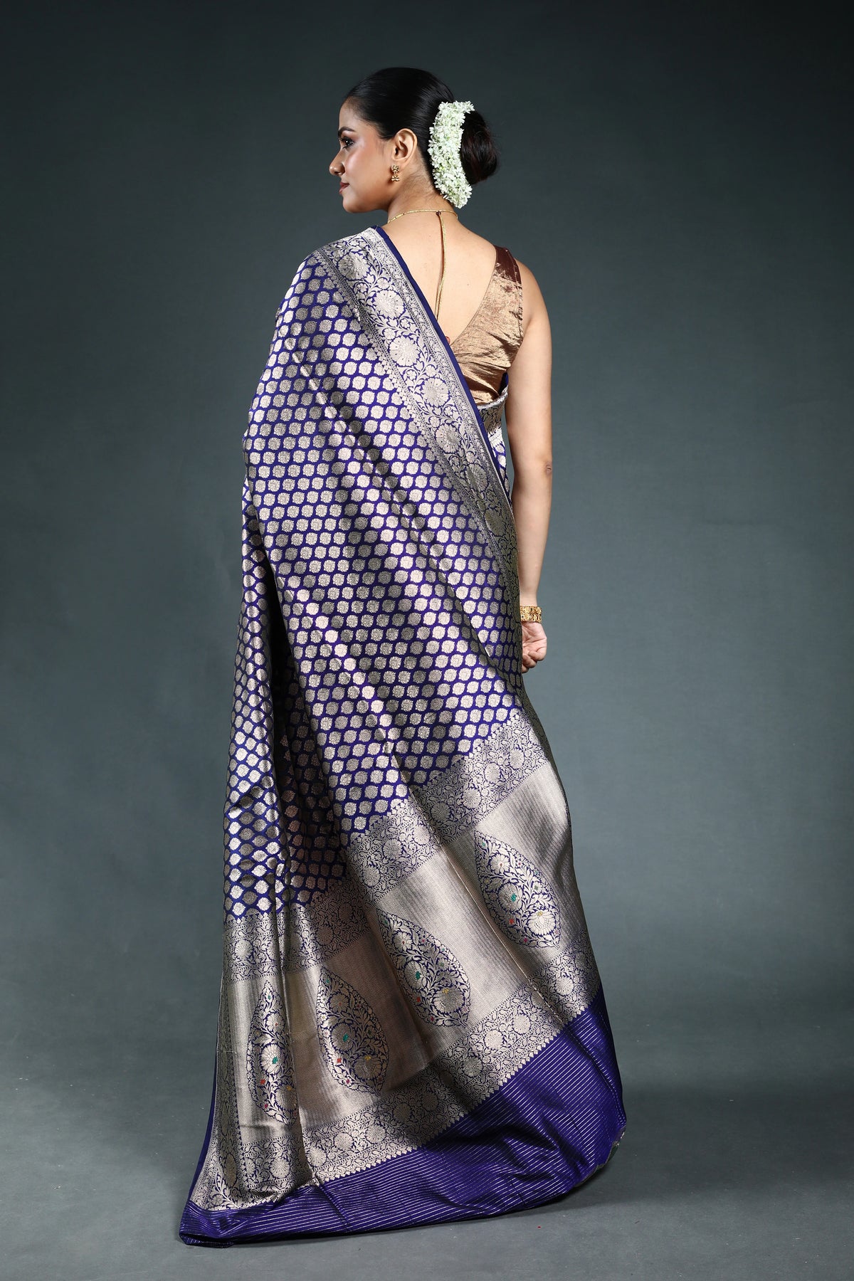 Navy Blue Pure Katan Banarasi Saree with Blouse Piece