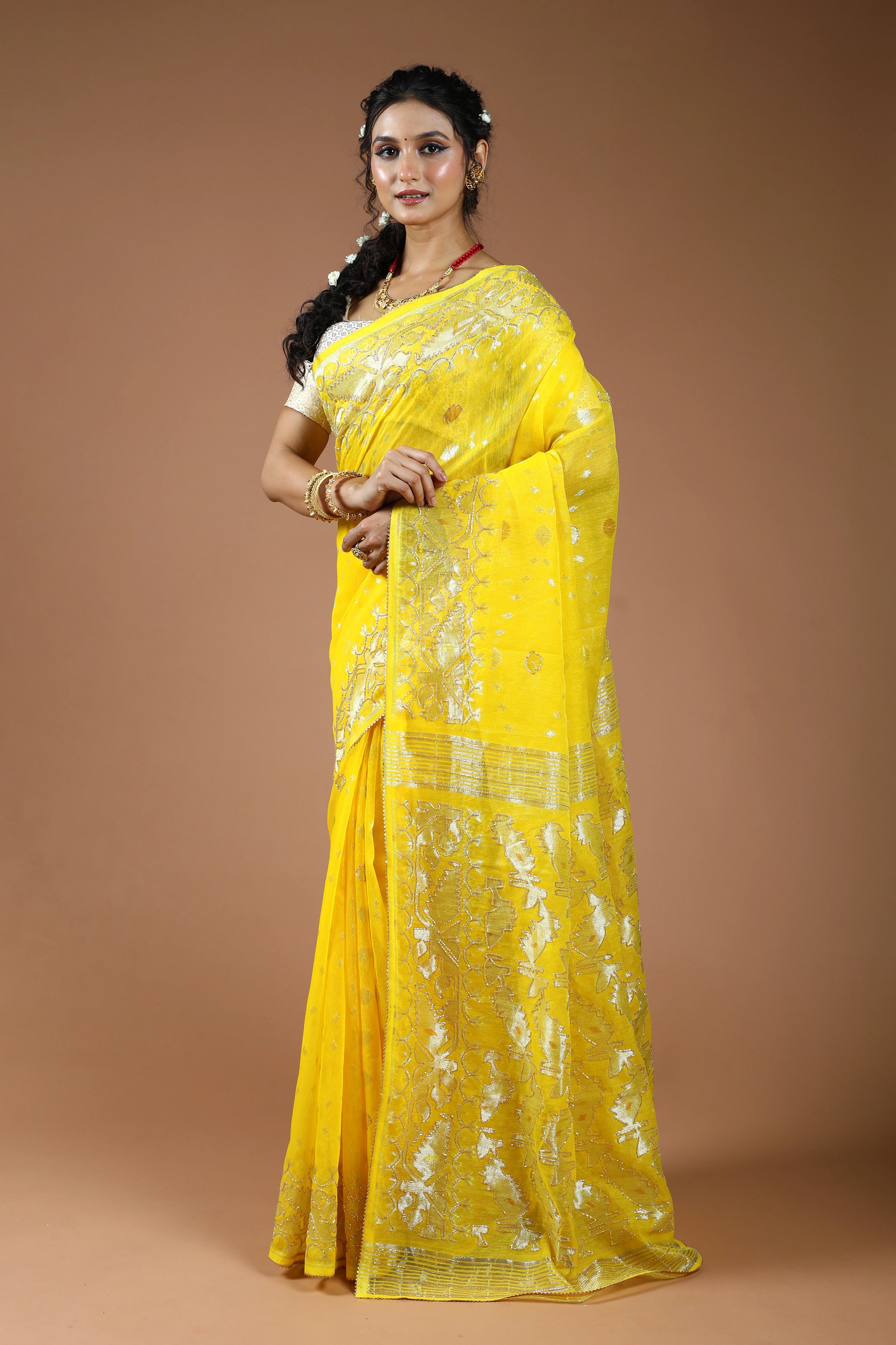 Yellow Karchupi Jamdani Saree With Blouse Piece