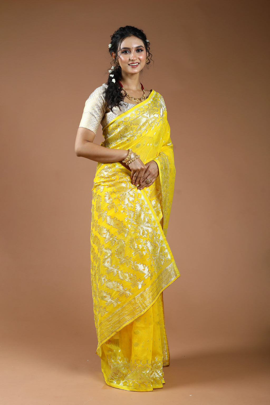 Yellow Karchupi Jamdani Saree With Blouse Piece