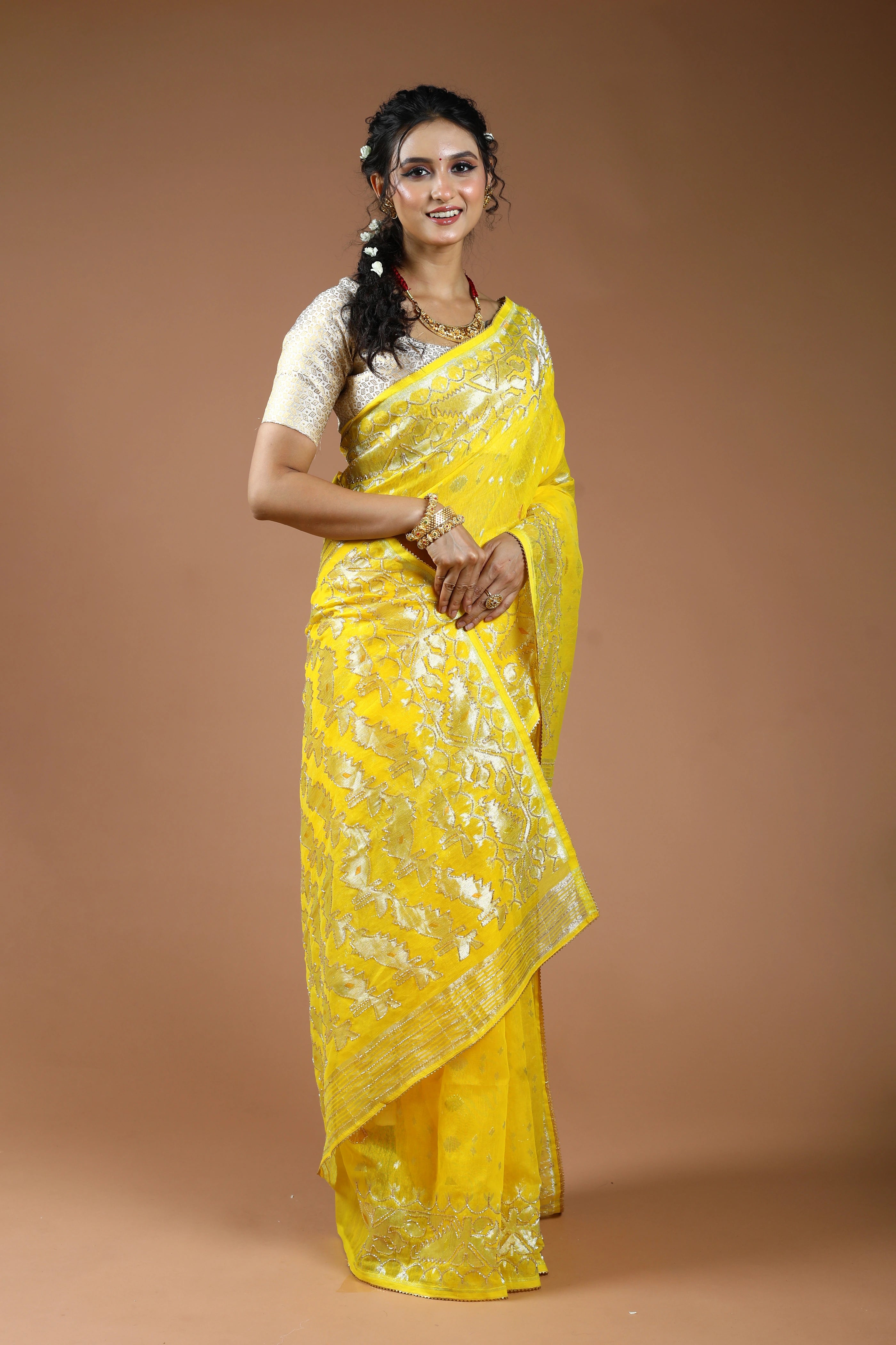 Yellow Karchupi Jamdani Saree With Blouse Piece