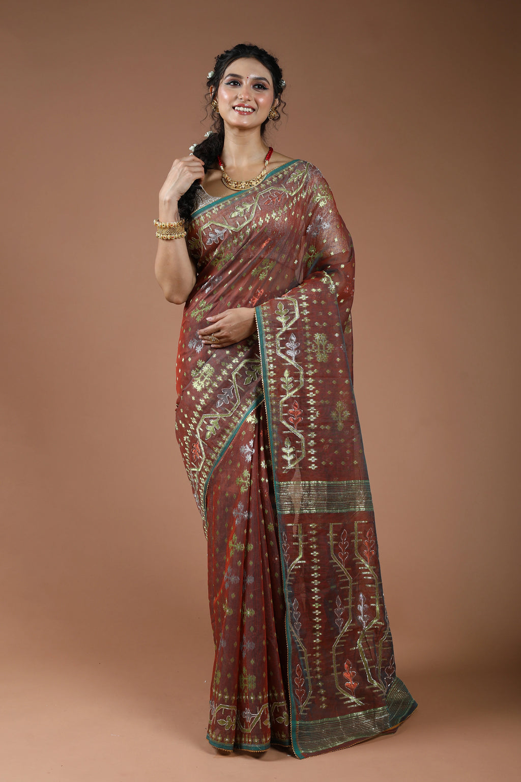 Copper Brown Karchupi Jamdani Saree With Blouse Piece