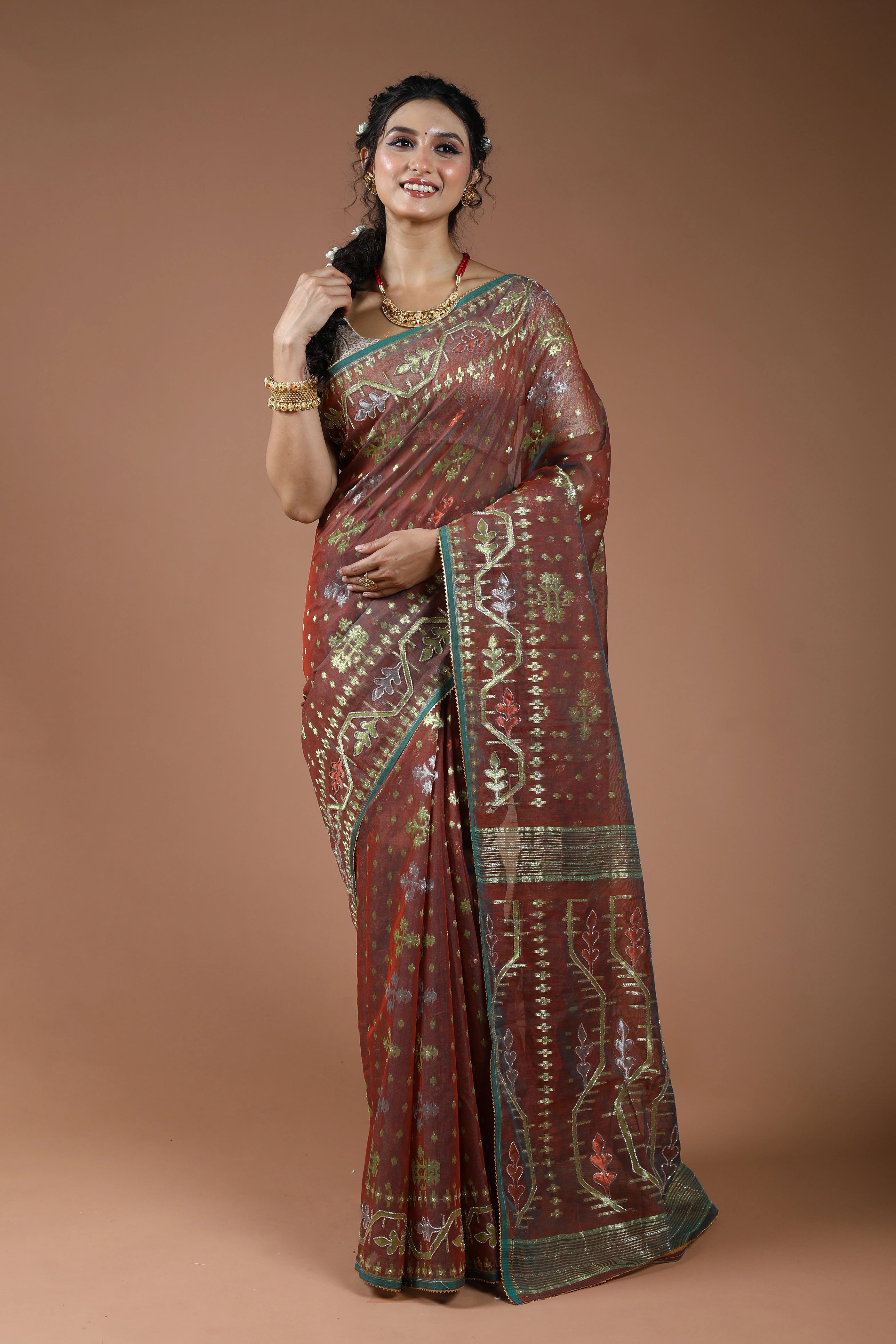 Copper Brown Karchupi Jamdani Saree With Blouse Piece