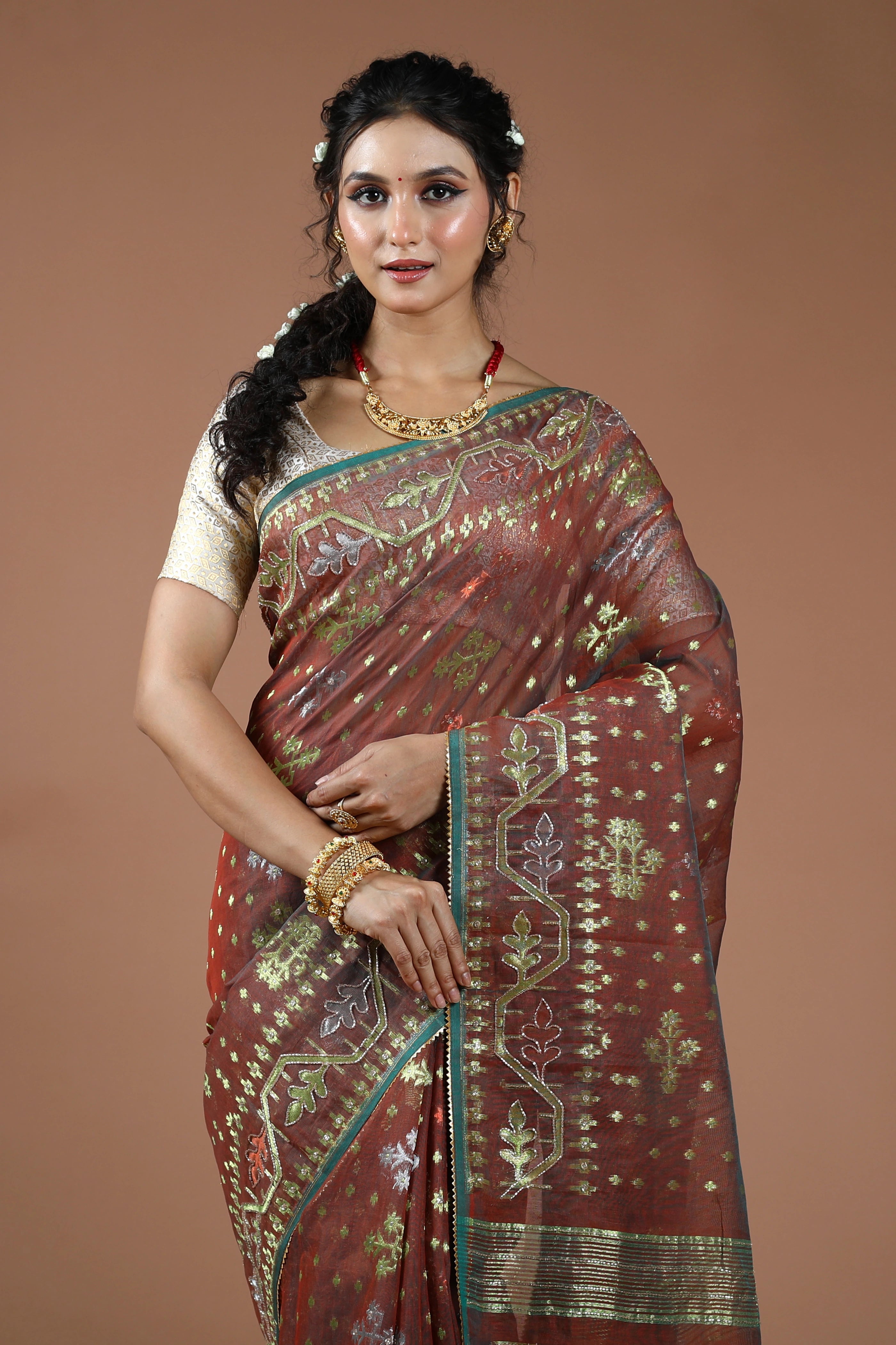 Copper Brown Karchupi Jamdani Saree With Blouse Piece