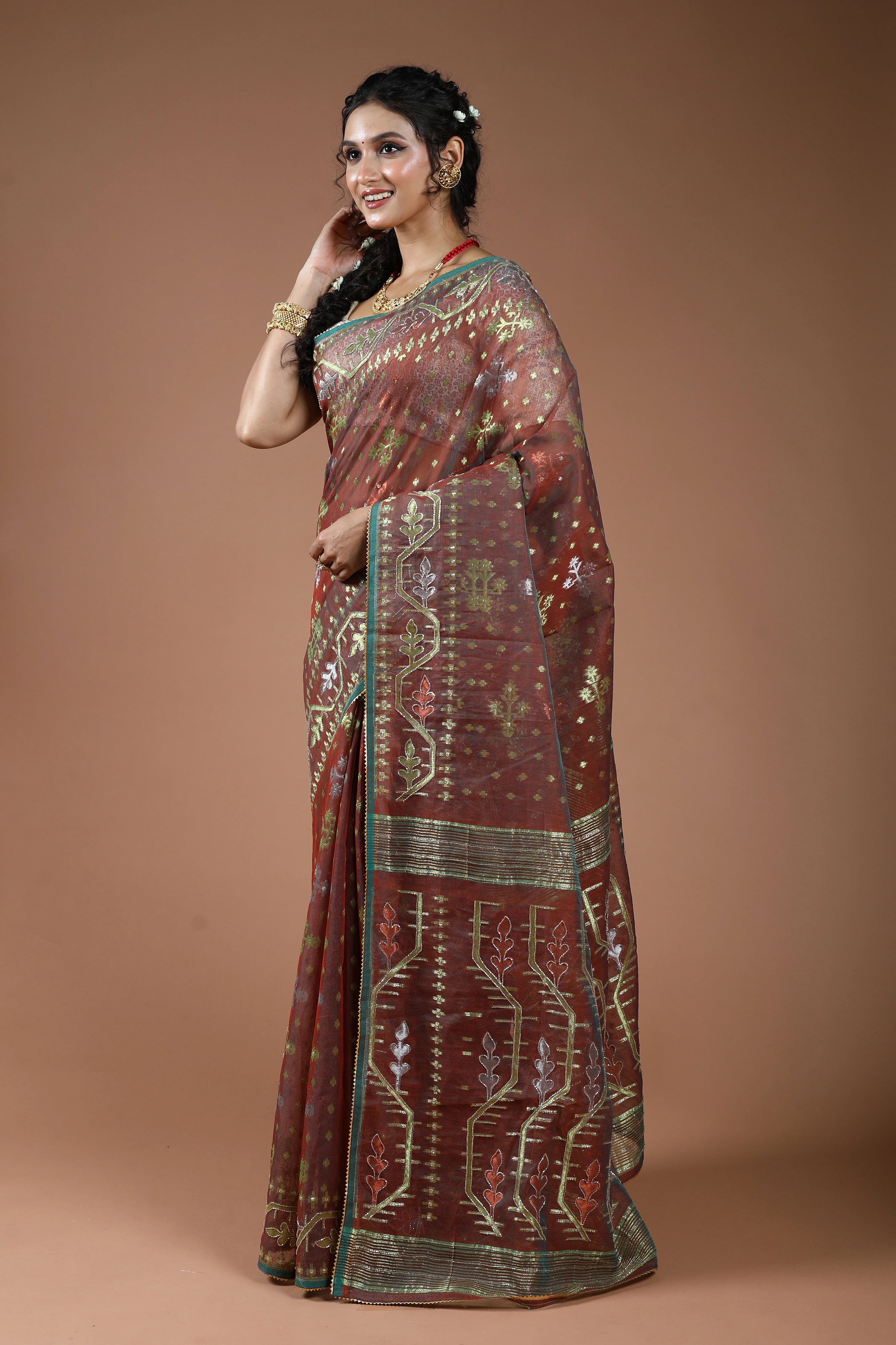 Copper Brown Karchupi Jamdani Saree With Blouse Piece