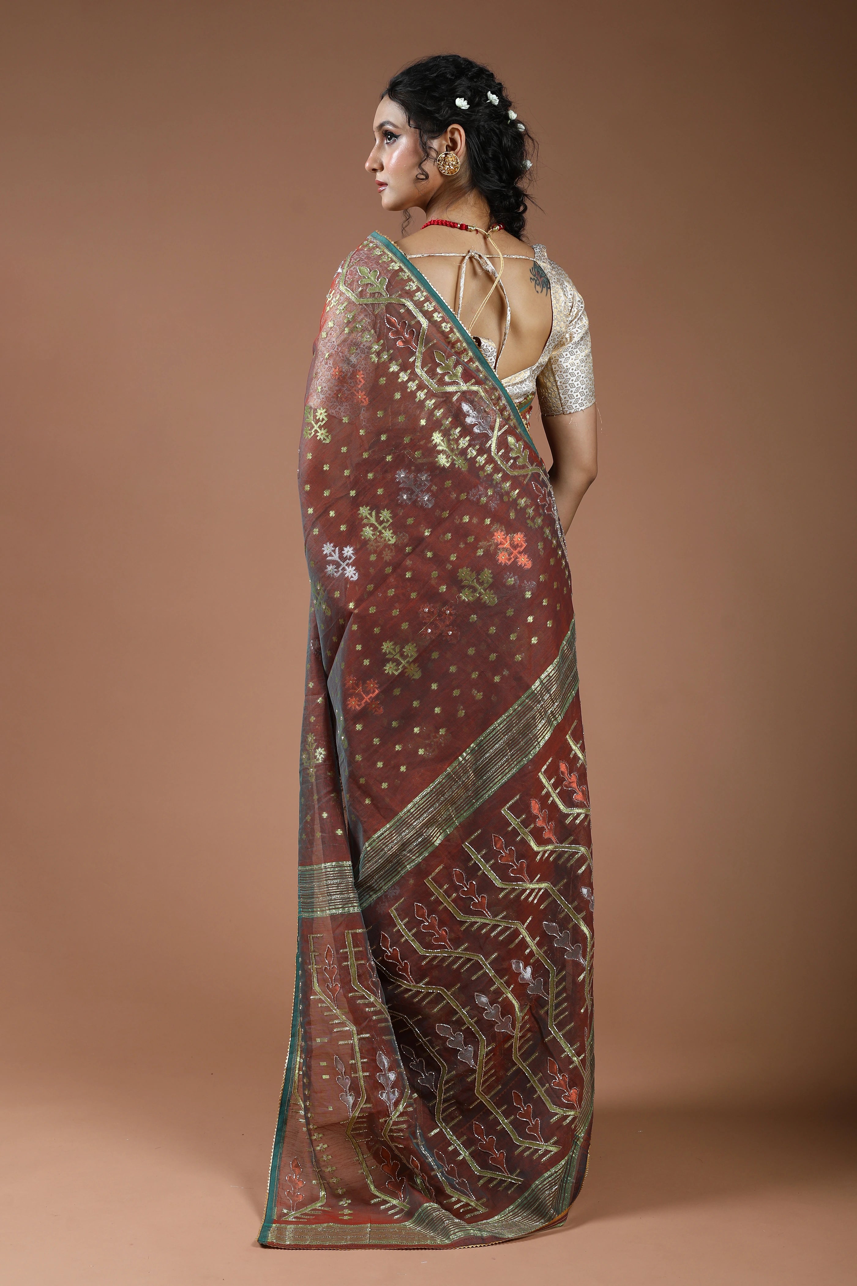 Copper Brown Karchupi Jamdani Saree With Blouse Piece