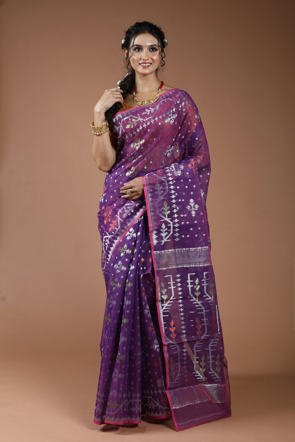 Purple Semi Jamdani Saree With Blouse Piece