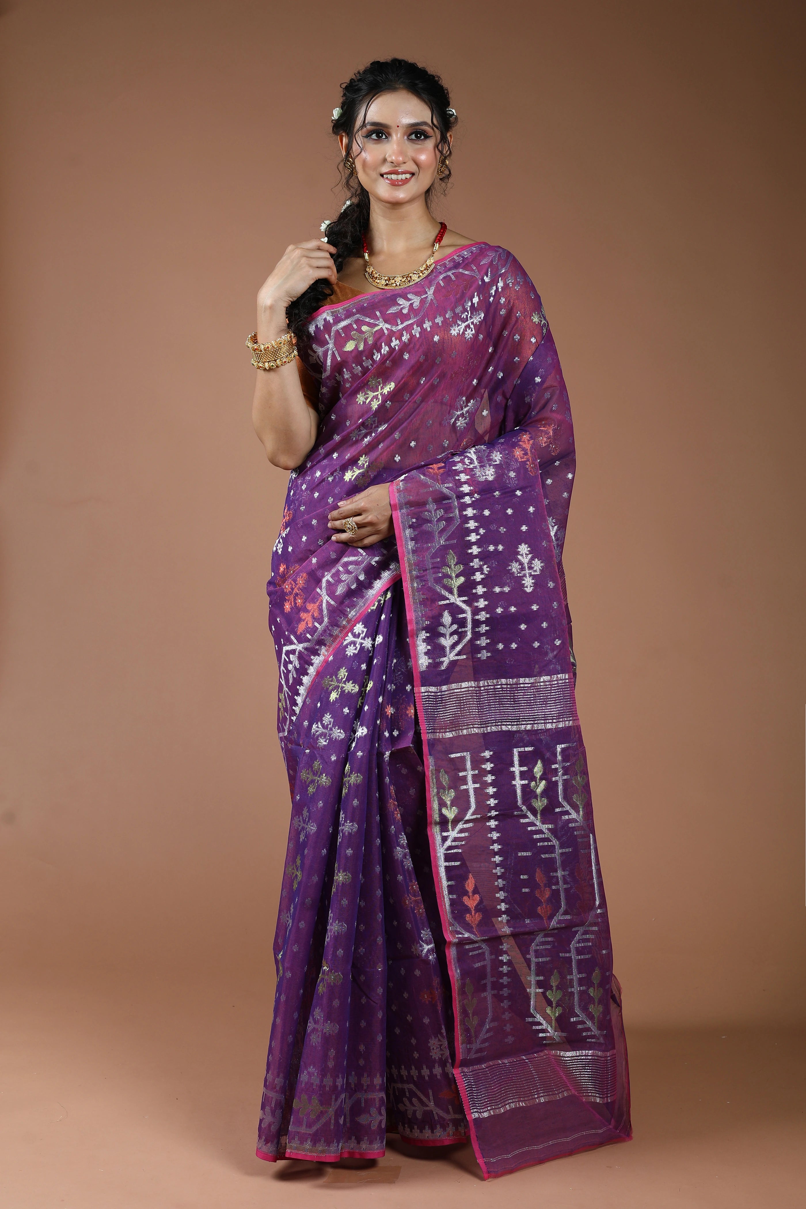 Purple Semi Jamdani Saree With Blouse Piece
