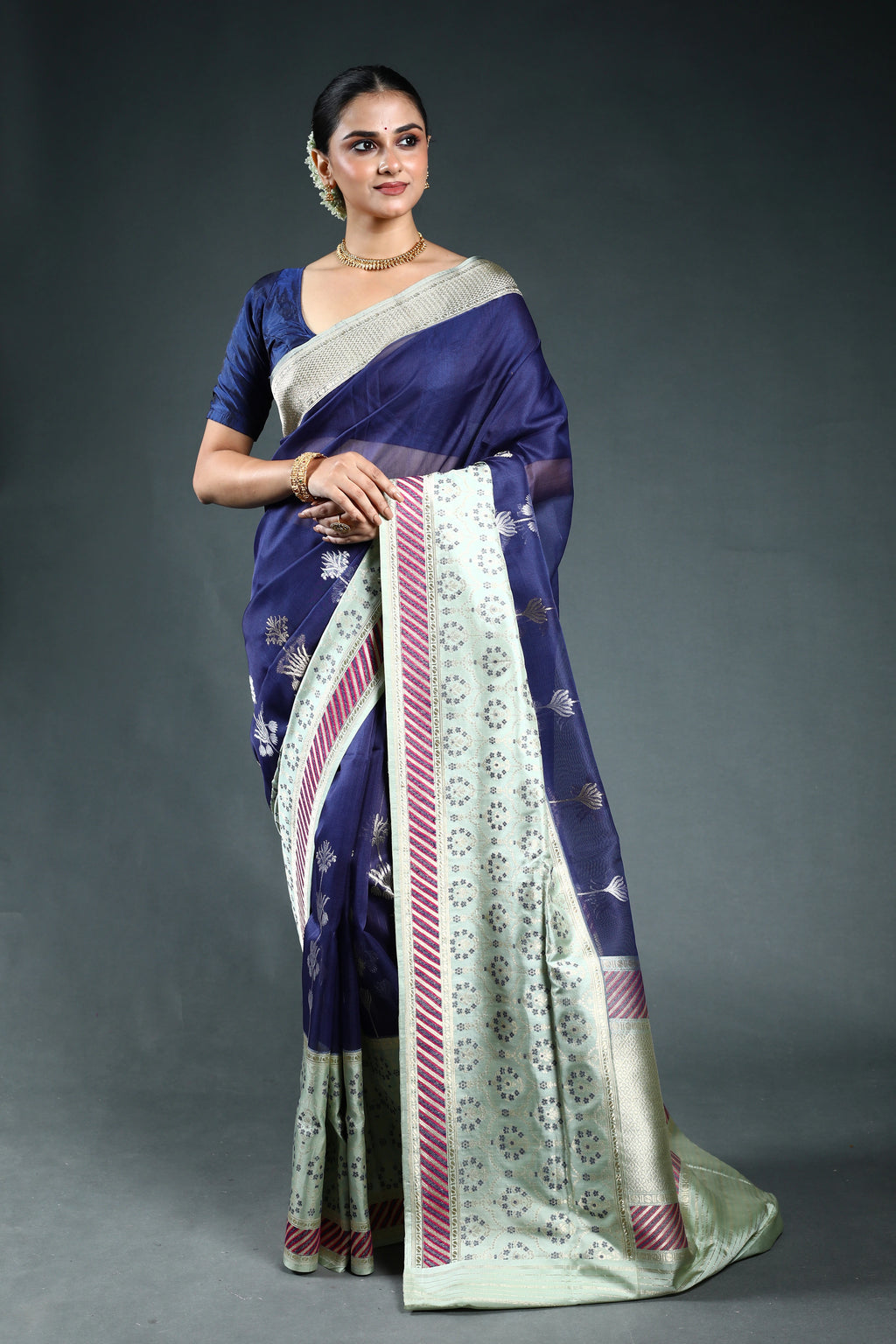 Ink Blue Exclusive kora Katan Banarasi Saree with Blouse Piece