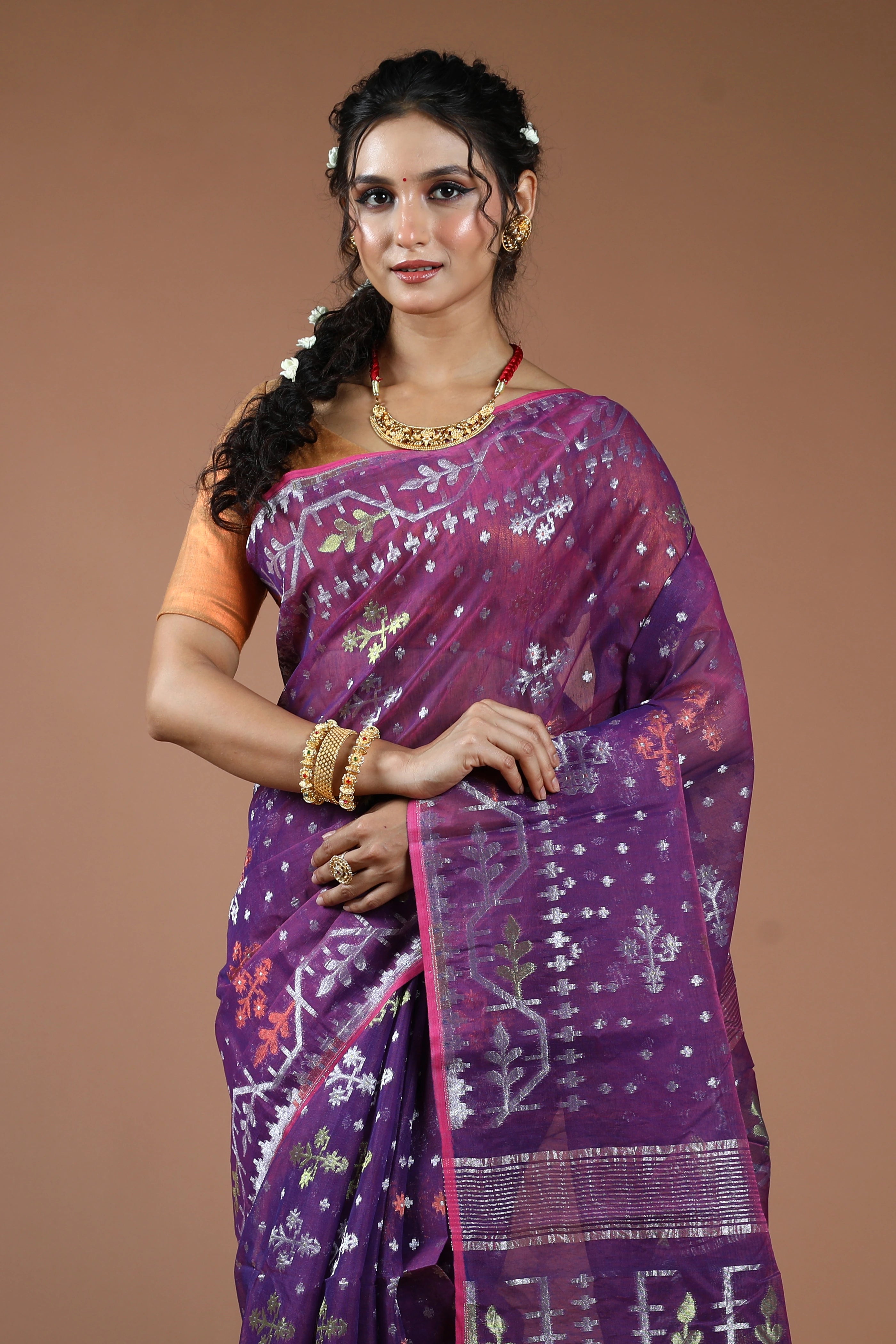 Purple Semi Jamdani Saree With Blouse Piece