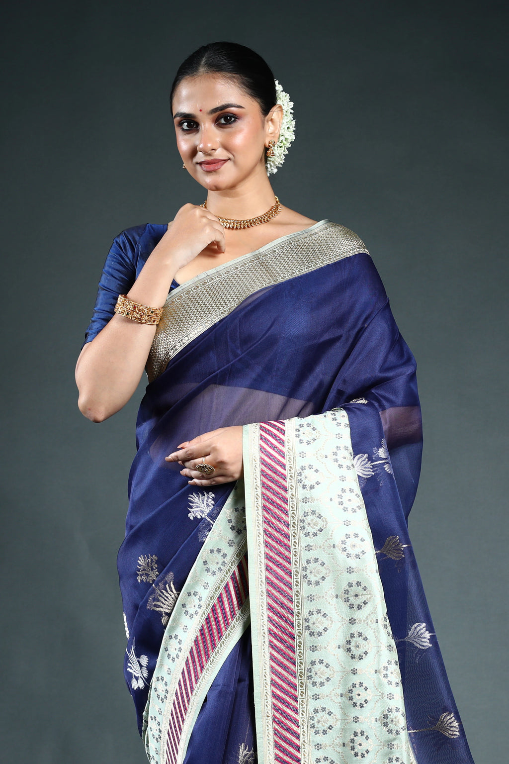 Ink Blue Exclusive kora Katan Banarasi Saree with Blouse Piece