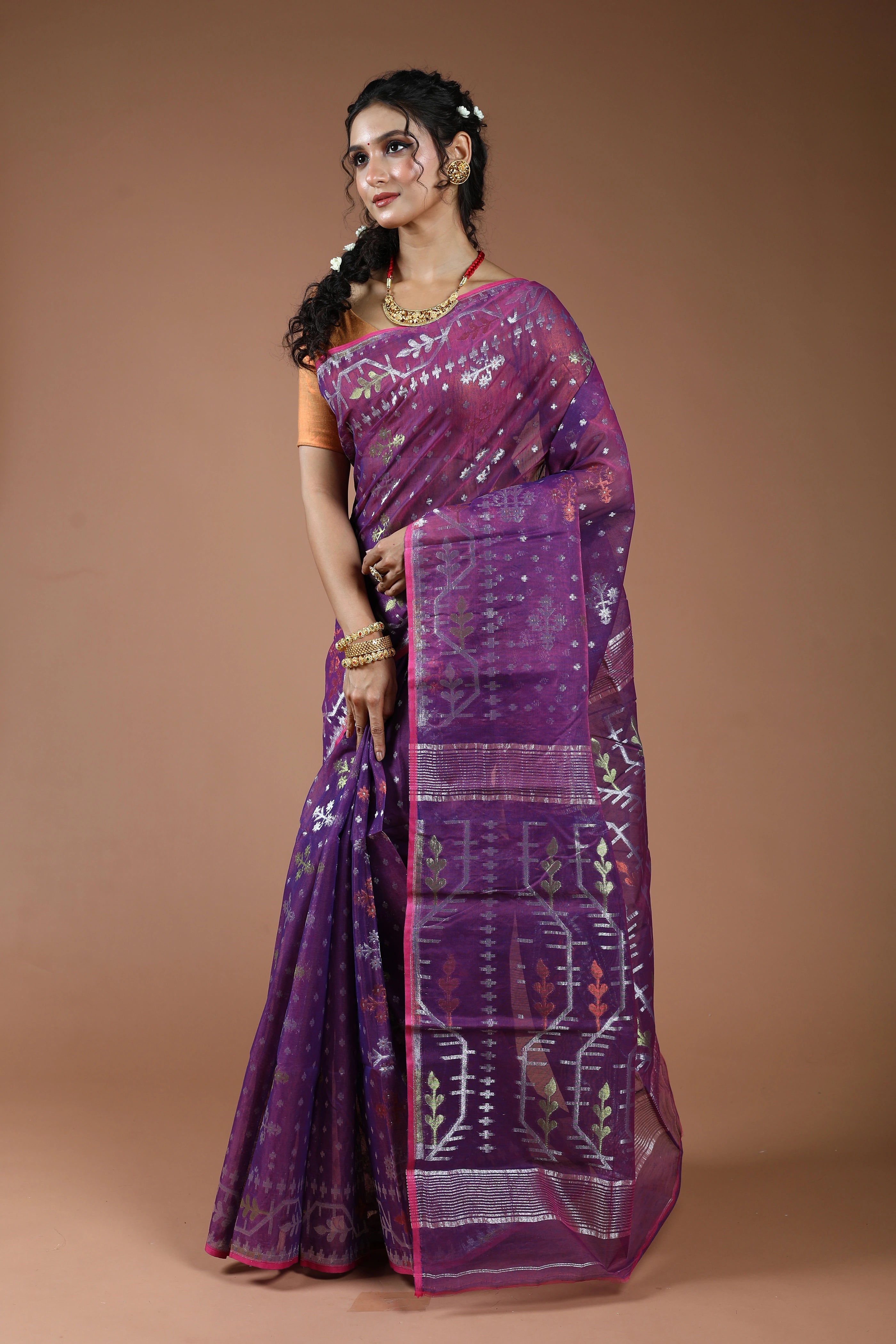 Purple Semi Jamdani Saree With Blouse Piece