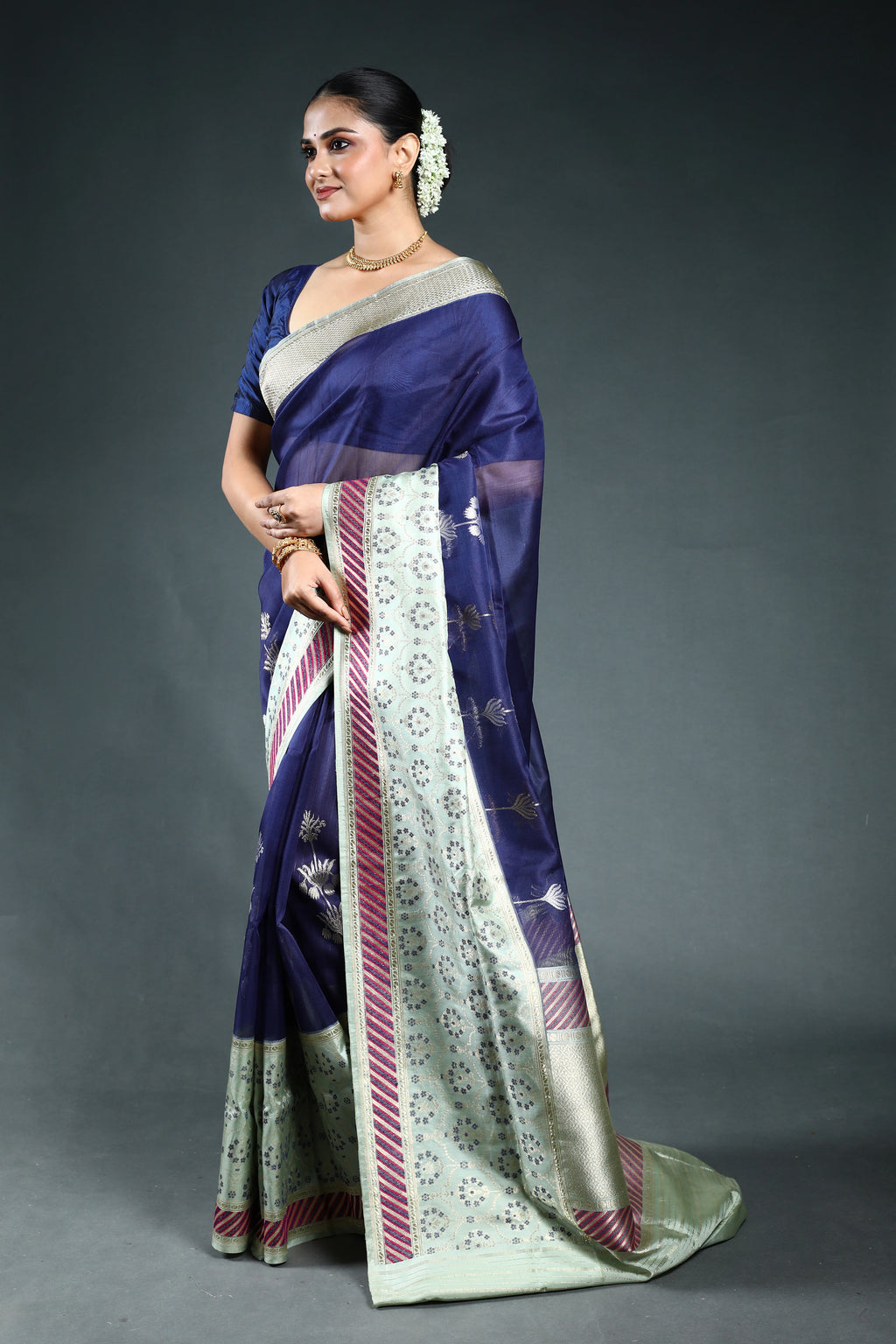 Ink Blue Exclusive kora Katan Banarasi Saree with Blouse Piece