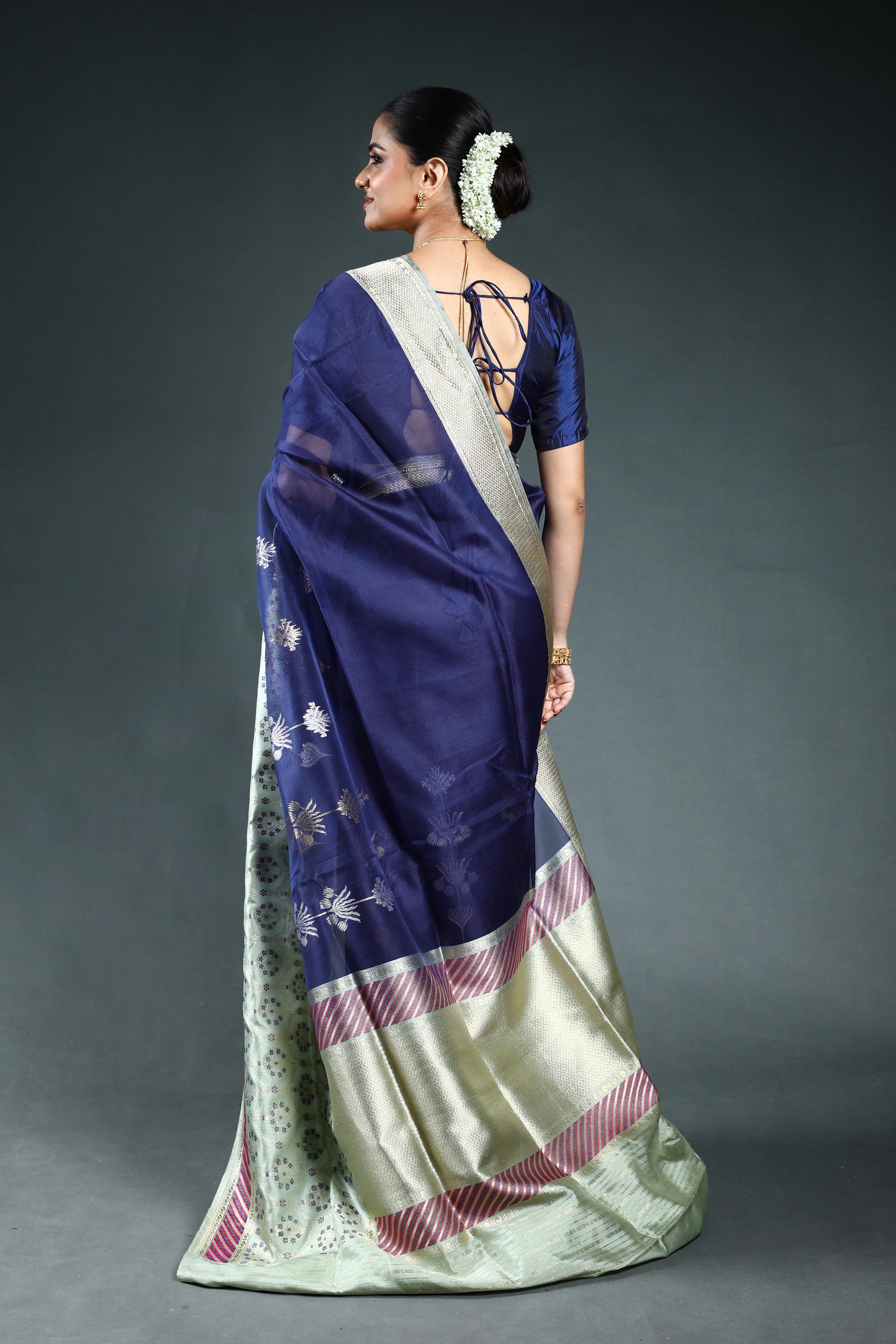 Ink Blue Exclusive kora Katan Banarasi Saree with Blouse Piece