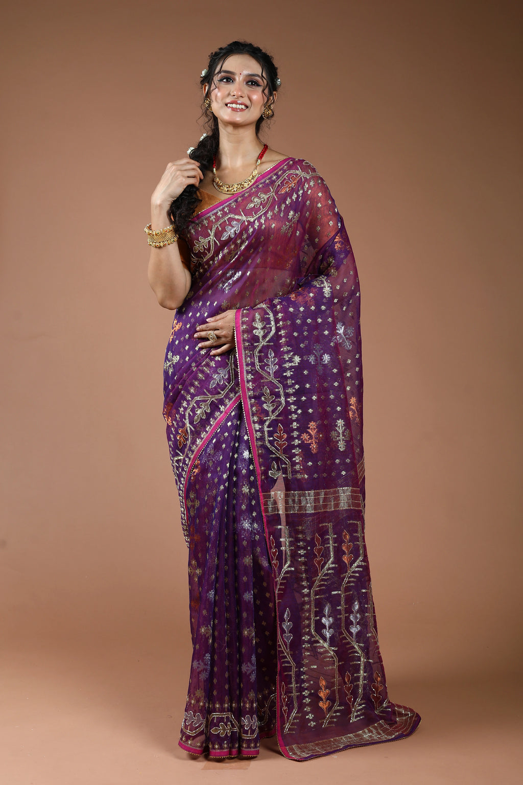 Purple Karchupi Jamdani Saree With Blouse Piece