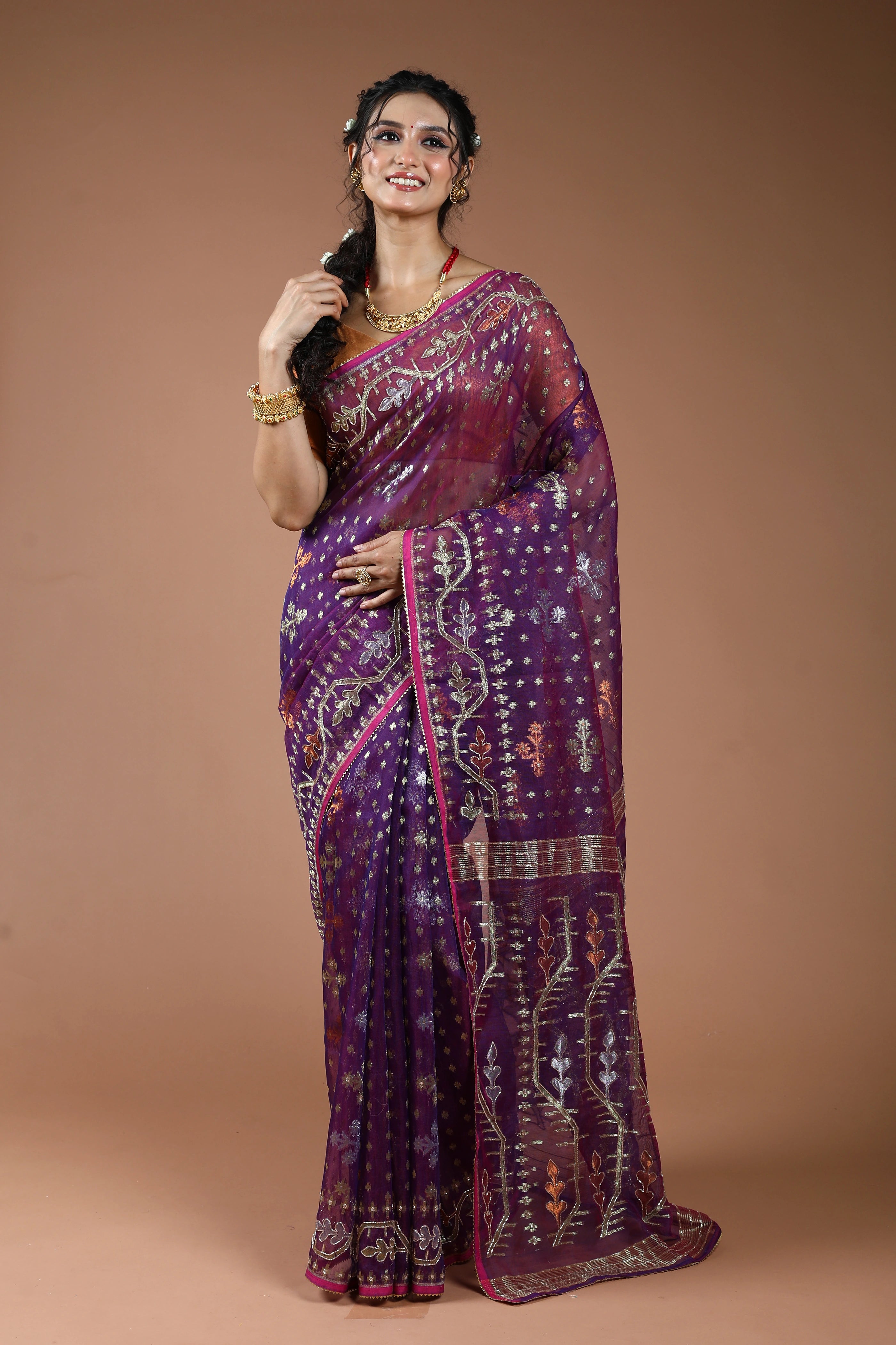 Purple Karchupi Jamdani Saree With Blouse Piece