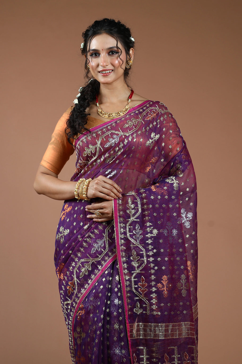 Purple Karchupi Jamdani Saree With Blouse Piece