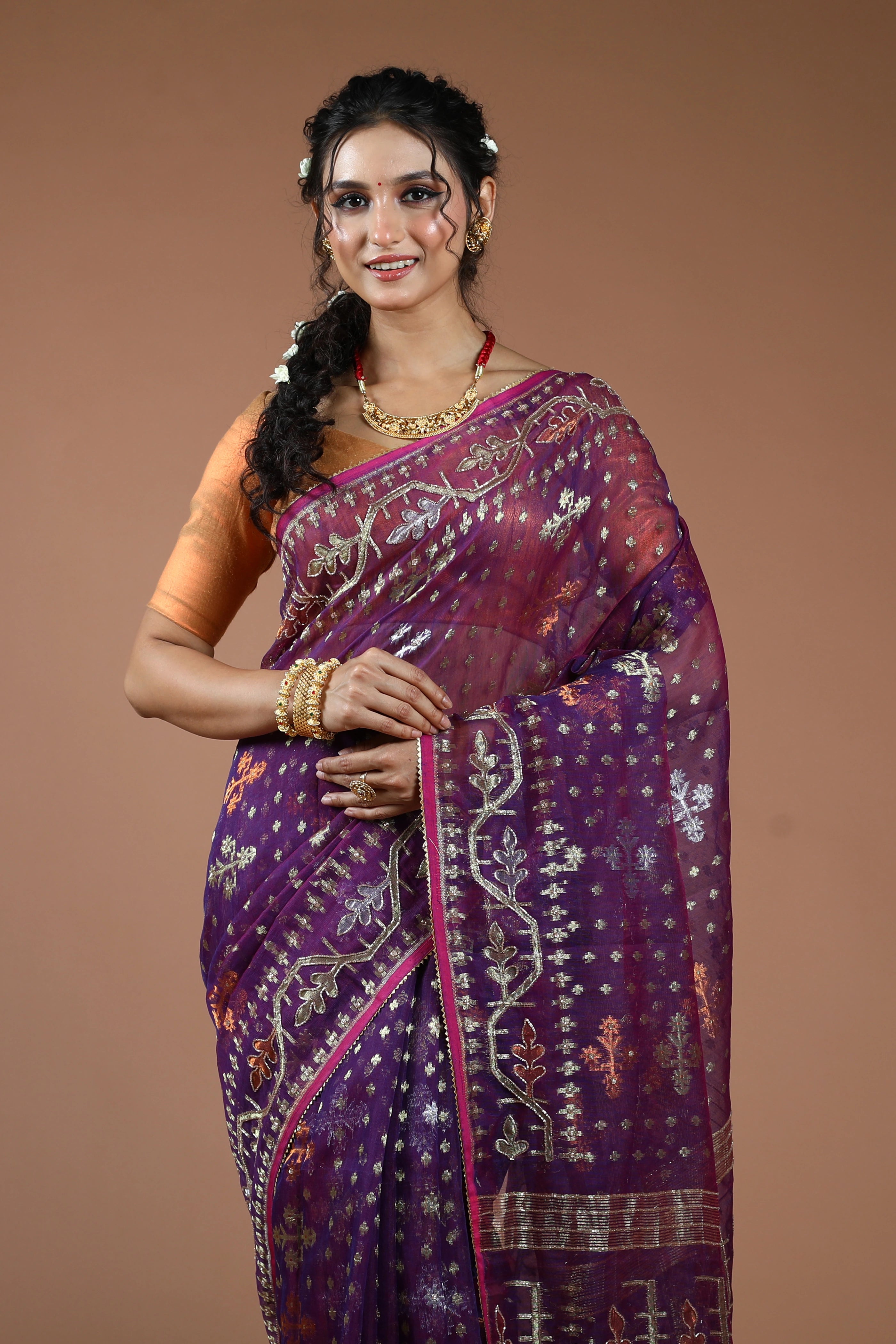 Purple Karchupi Jamdani Saree With Blouse Piece