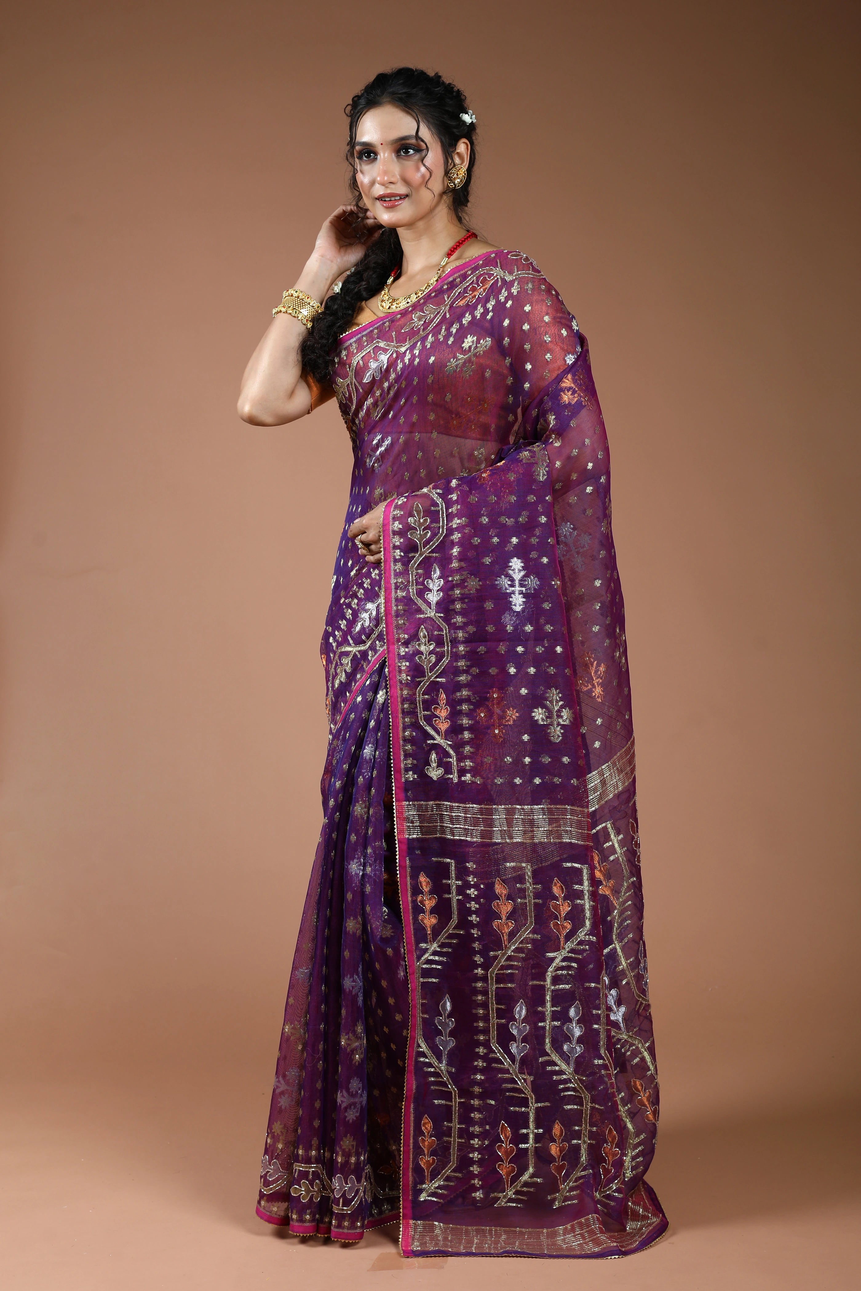 Purple Karchupi Jamdani Saree With Blouse Piece