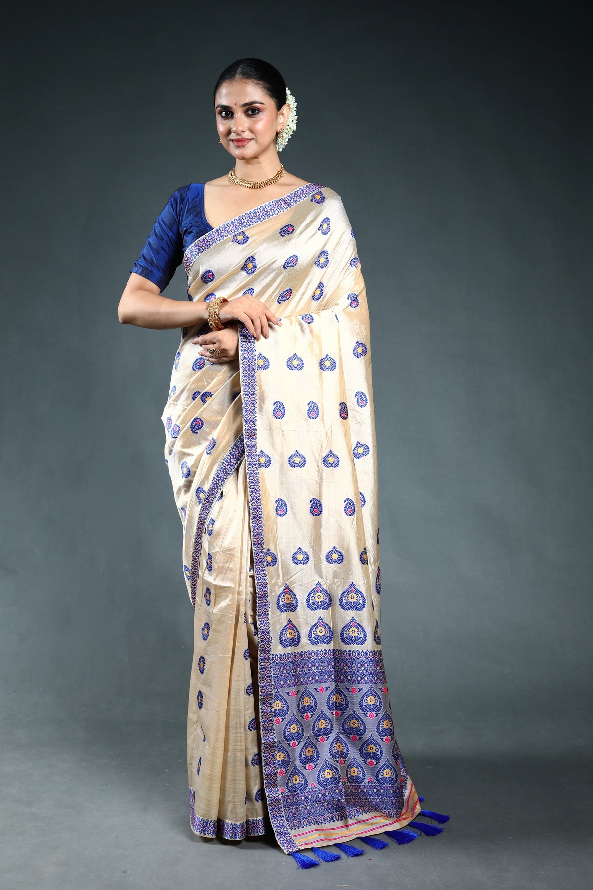 Royal Blue Semi Assam Silk Saree with Blouse Piece