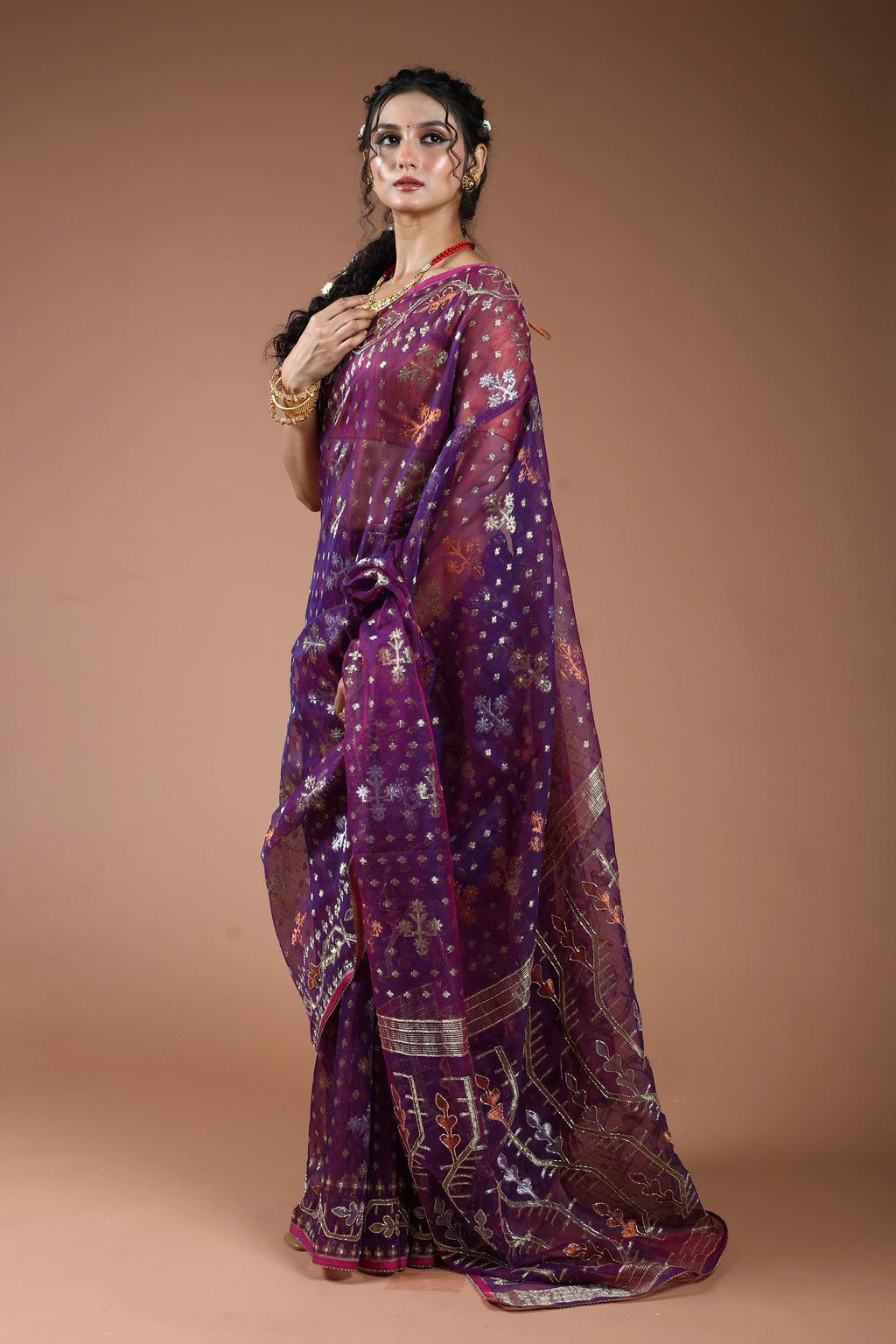 Purple Karchupi Jamdani Saree With Blouse Piece