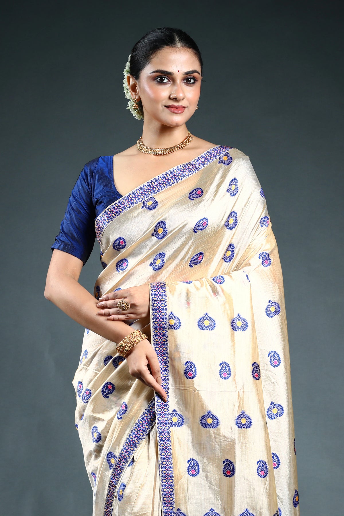 Royal Blue Semi Assam Silk Saree with Blouse Piece