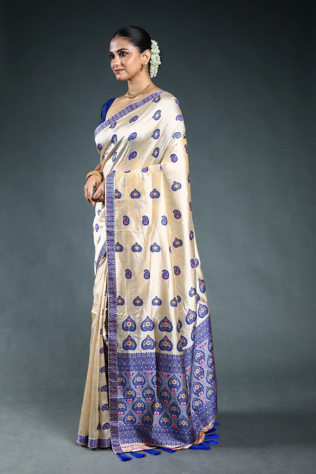 Royal Blue Semi Assam Silk Saree with Blouse Piece