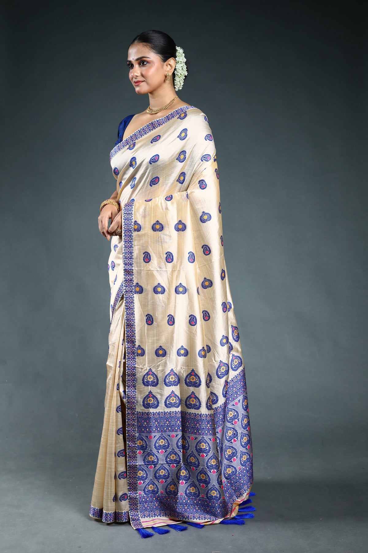 Royal Blue Semi Assam Silk Saree with Blouse Piece
