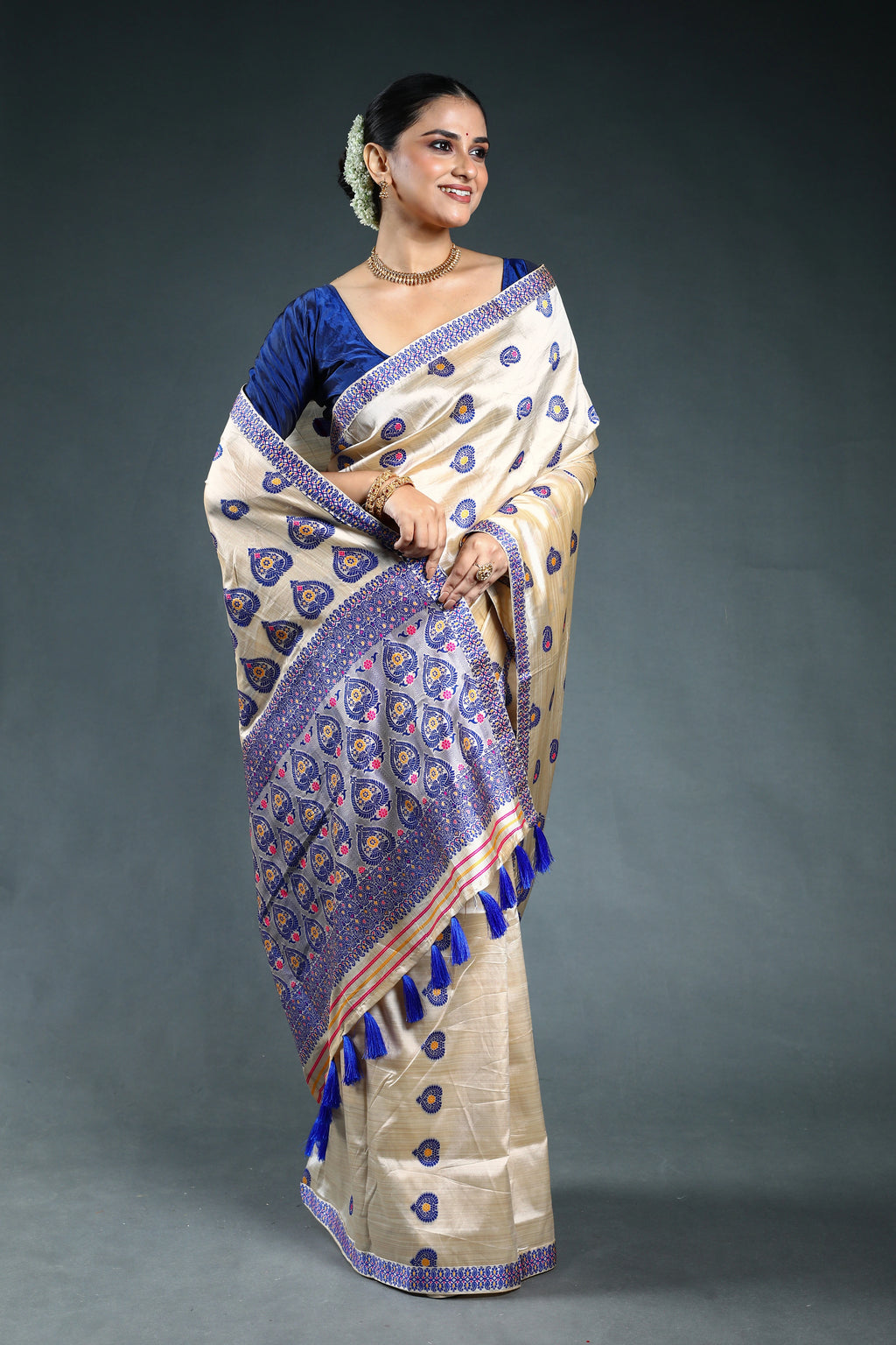 Royal Blue Semi Assam Silk Saree with Blouse Piece