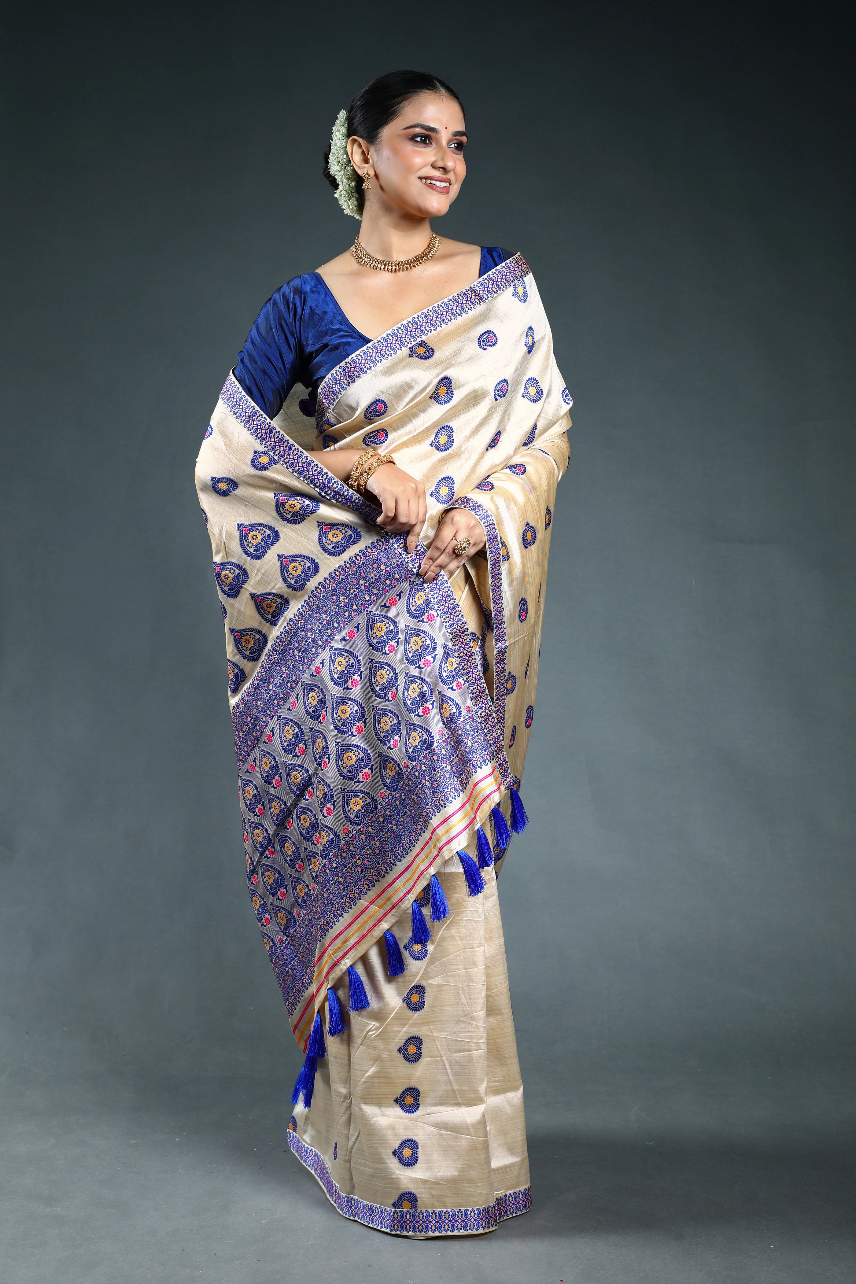 Royal Blue Semi Assam Silk Saree with Blouse Piece