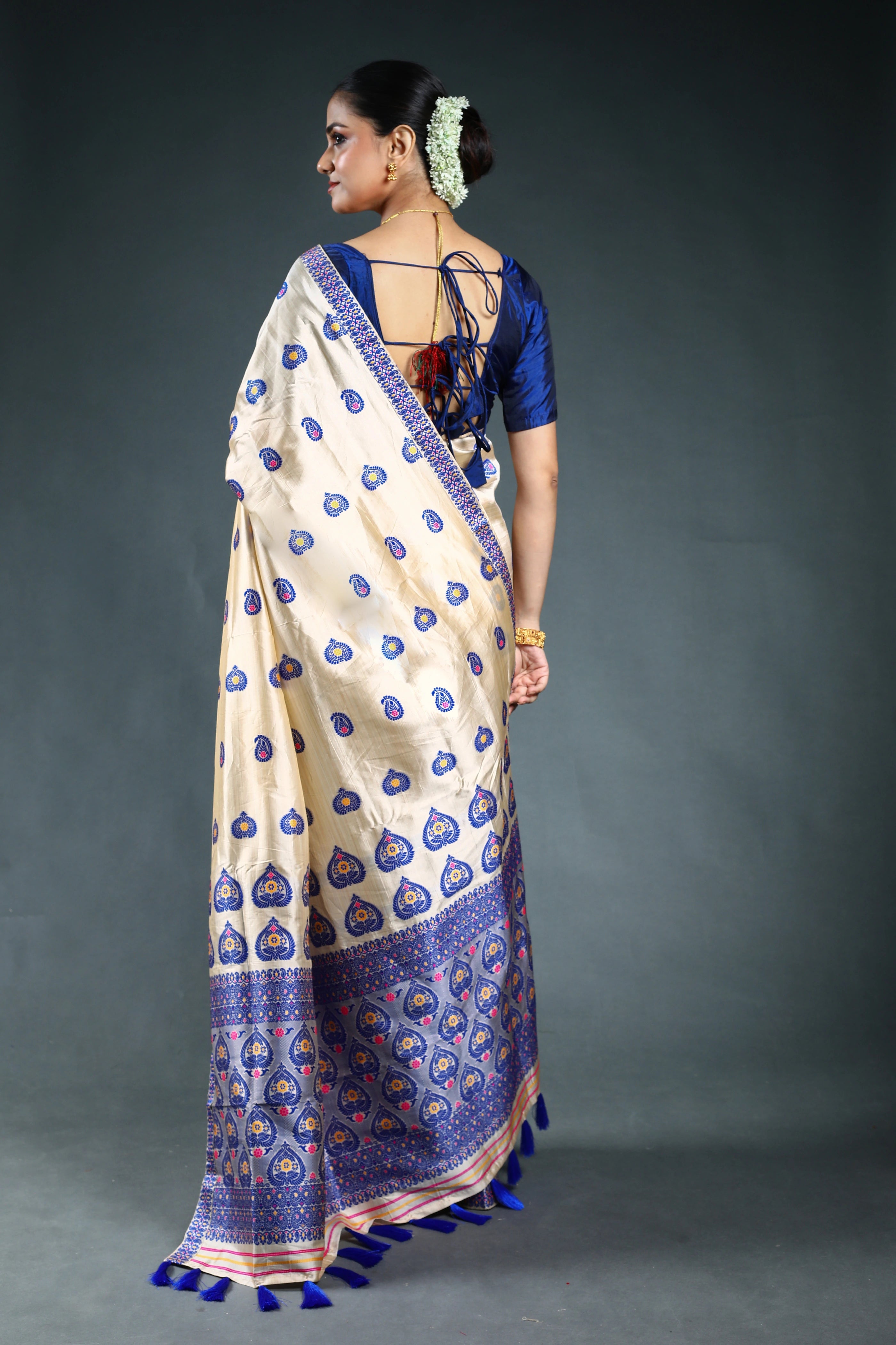 Royal Blue Semi Assam Silk Saree with Blouse Piece