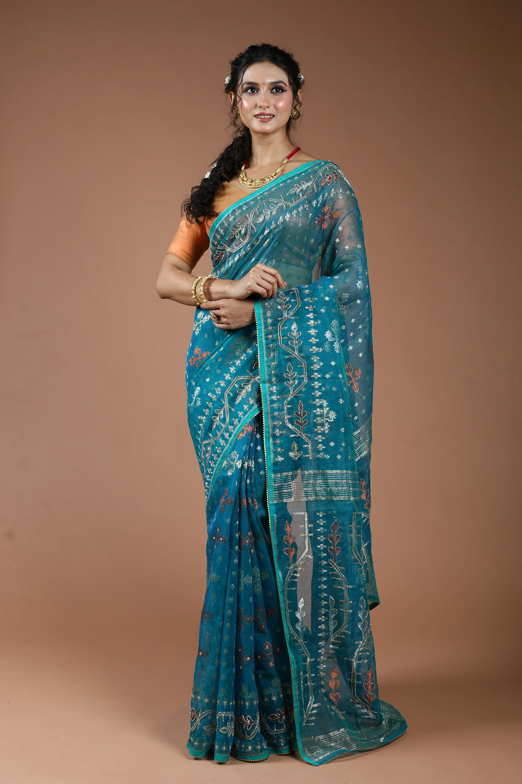 Peacock Blue Karchupi Jamdani Saree With Blouse Piece