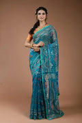 Peacock Blue Karchupi Jamdani Saree With Blouse Piece