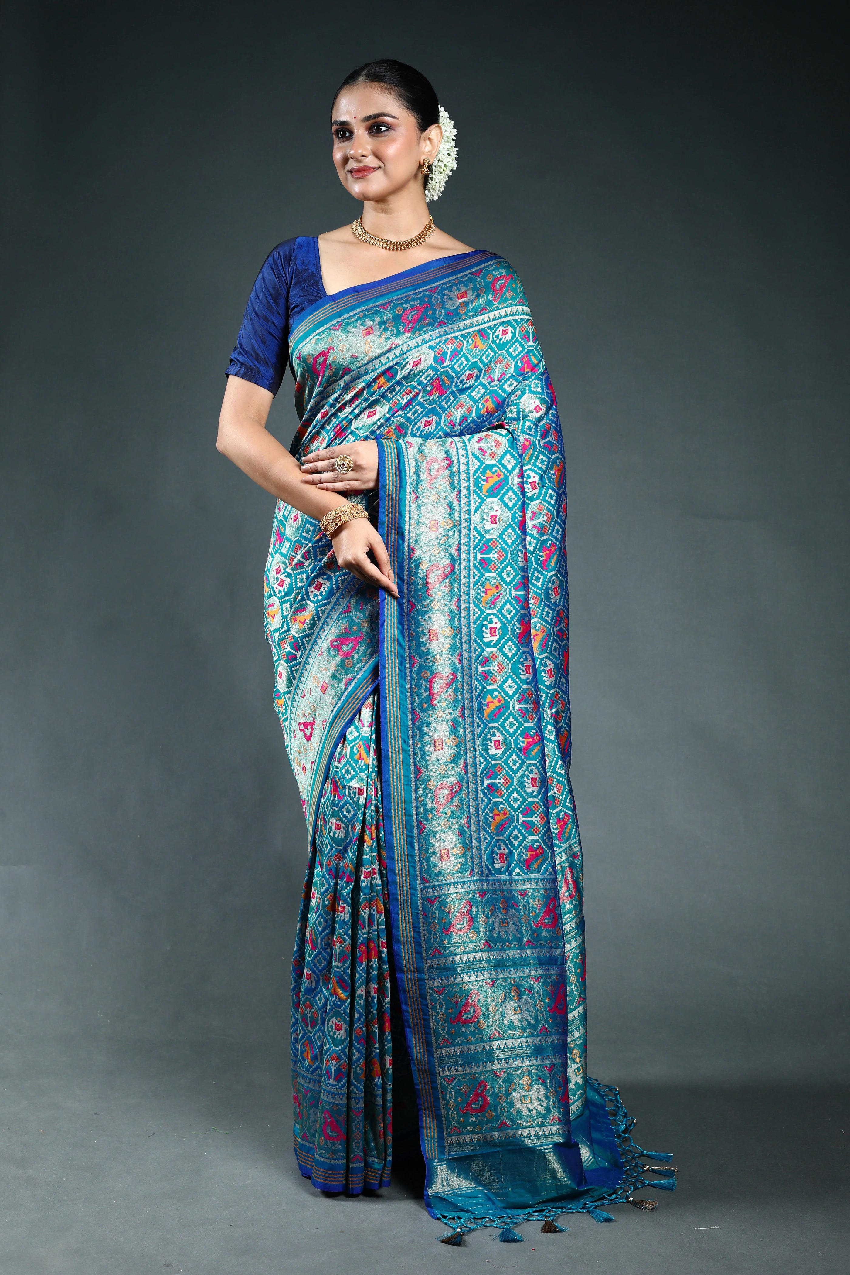 Teal Blue Semi Patola Saree with Blouse Piece