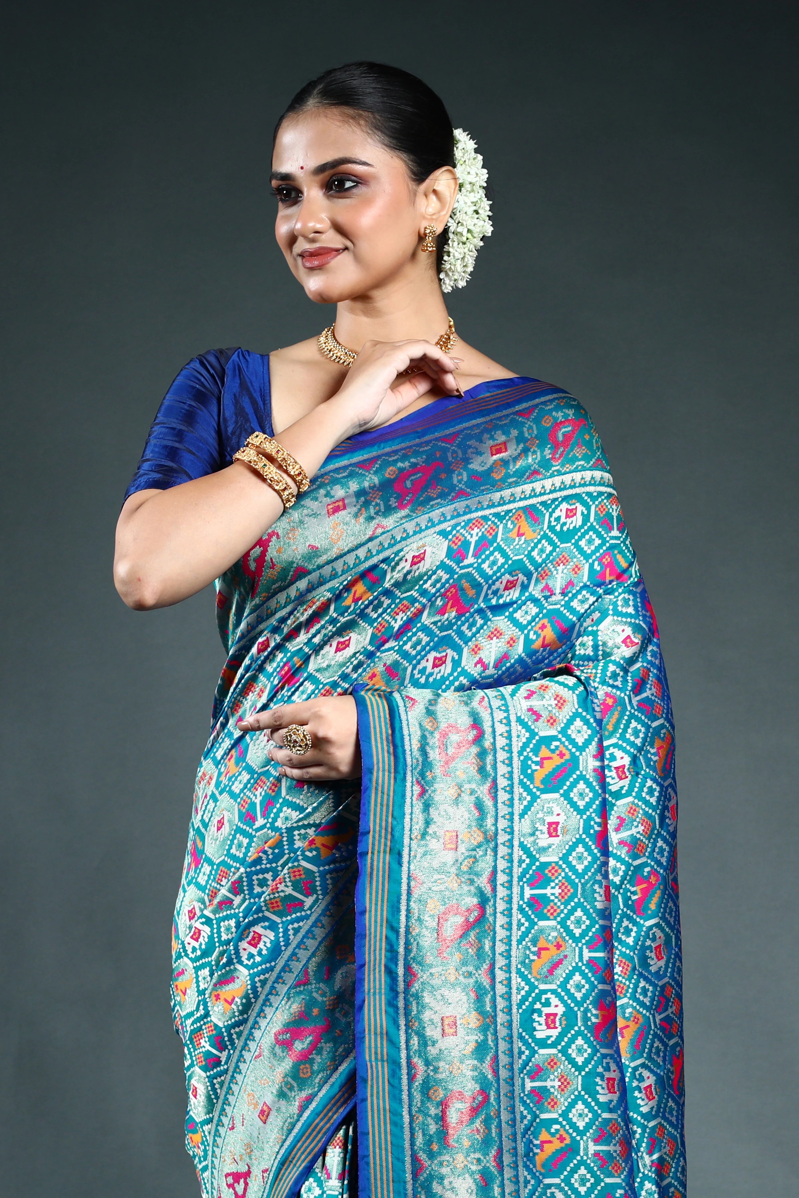 Teal Blue Semi Patola Saree with Blouse Piece