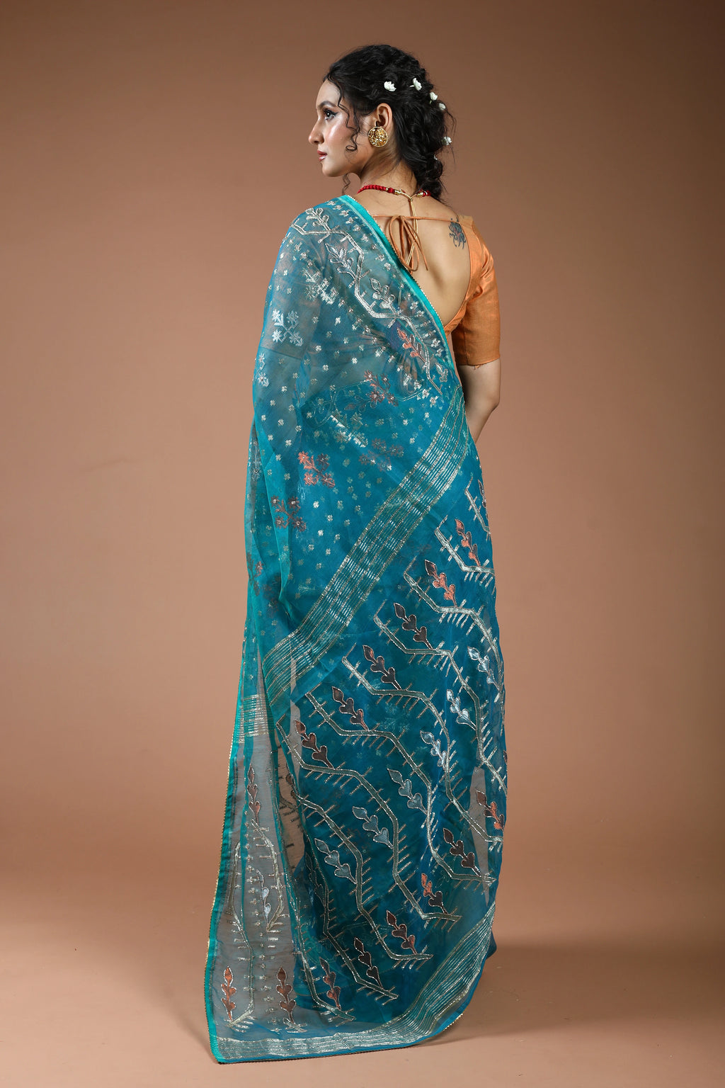 Peacock Blue Karchupi Jamdani Saree With Blouse Piece