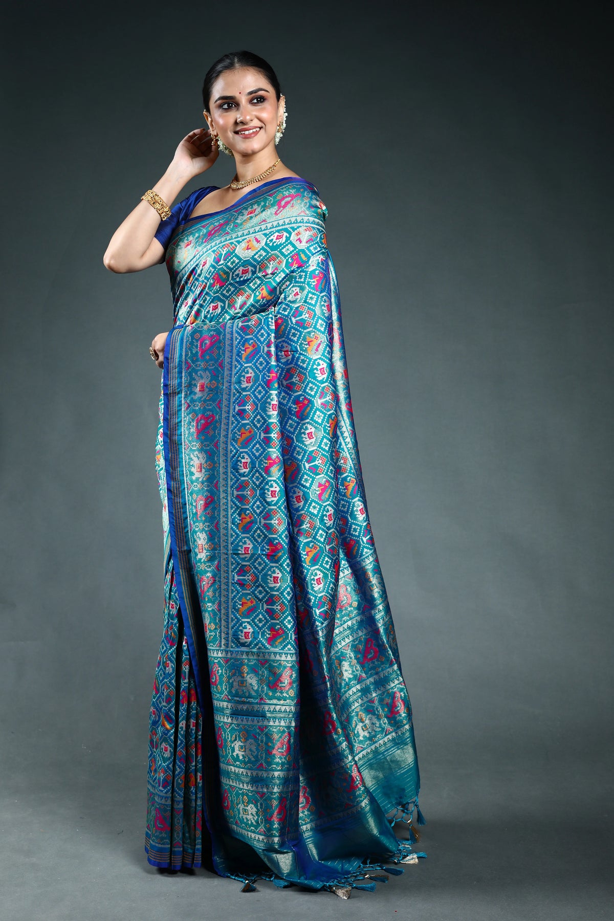 Teal Blue Semi Patola Saree with Blouse Piece