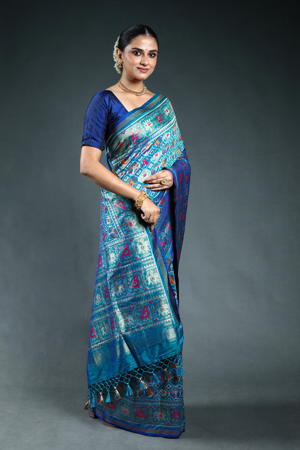 Teal Blue Semi Patola Saree with Blouse Piece