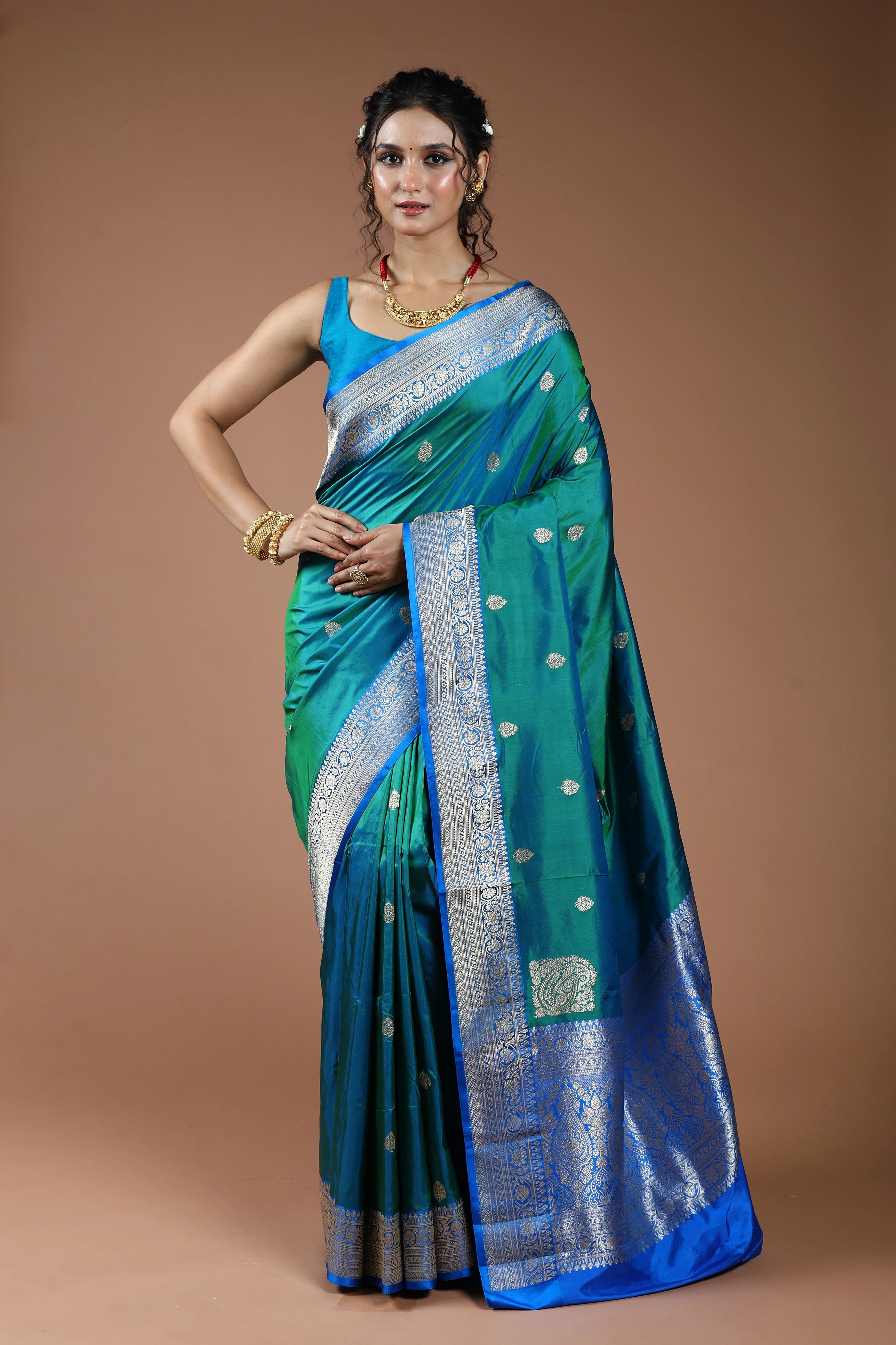 Peacock Blue Dual Tone Pure Katan Banarasi Silk Saree With Blouse Piece