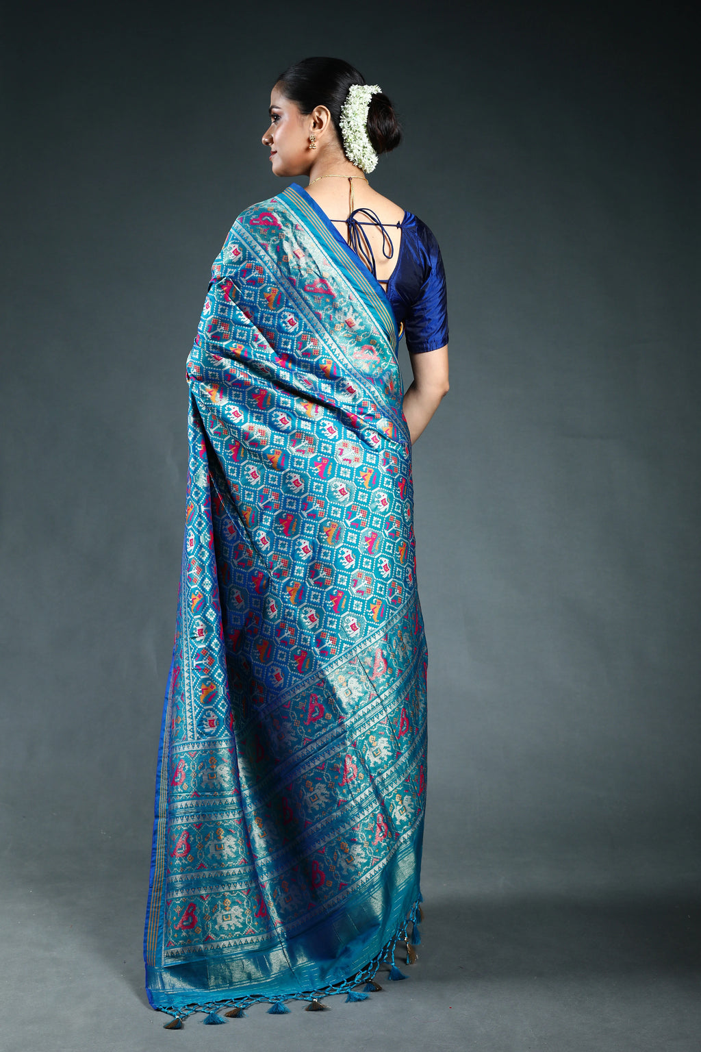 Teal Blue Semi Patola Saree with Blouse Piece