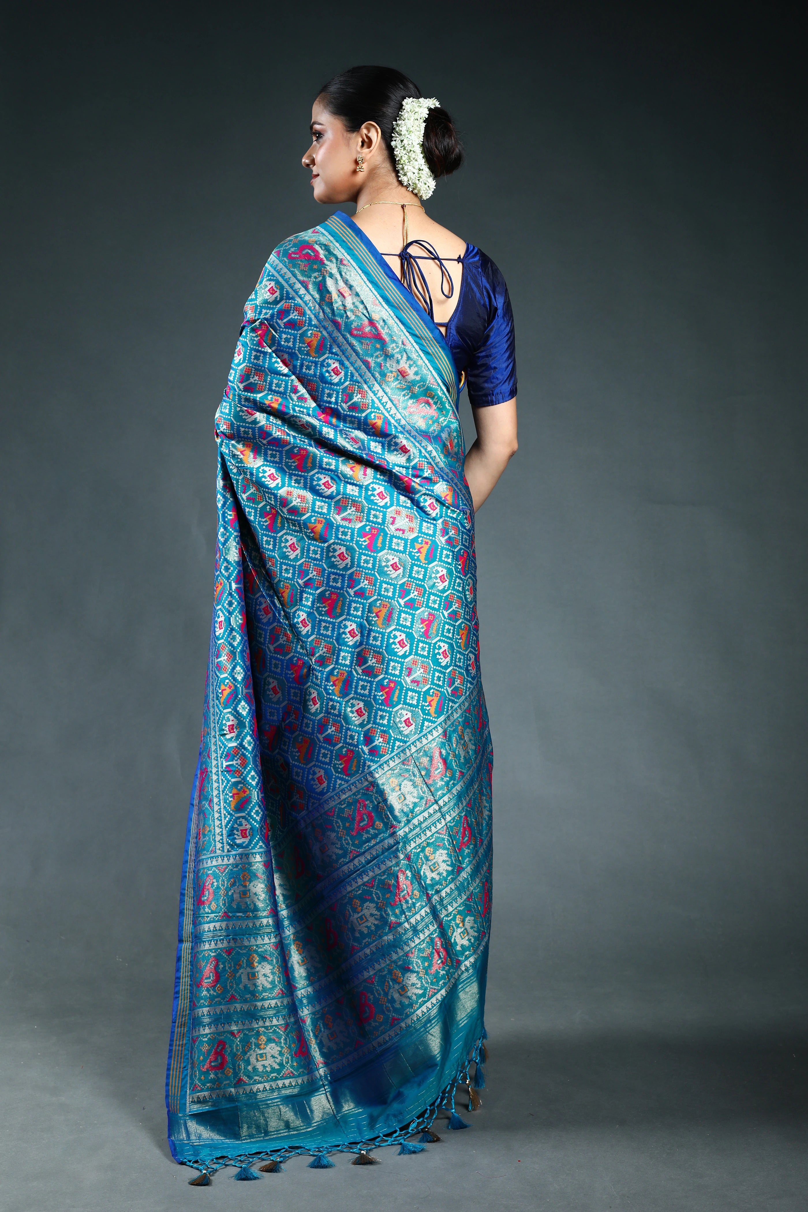 Teal Blue Semi Patola Saree with Blouse Piece